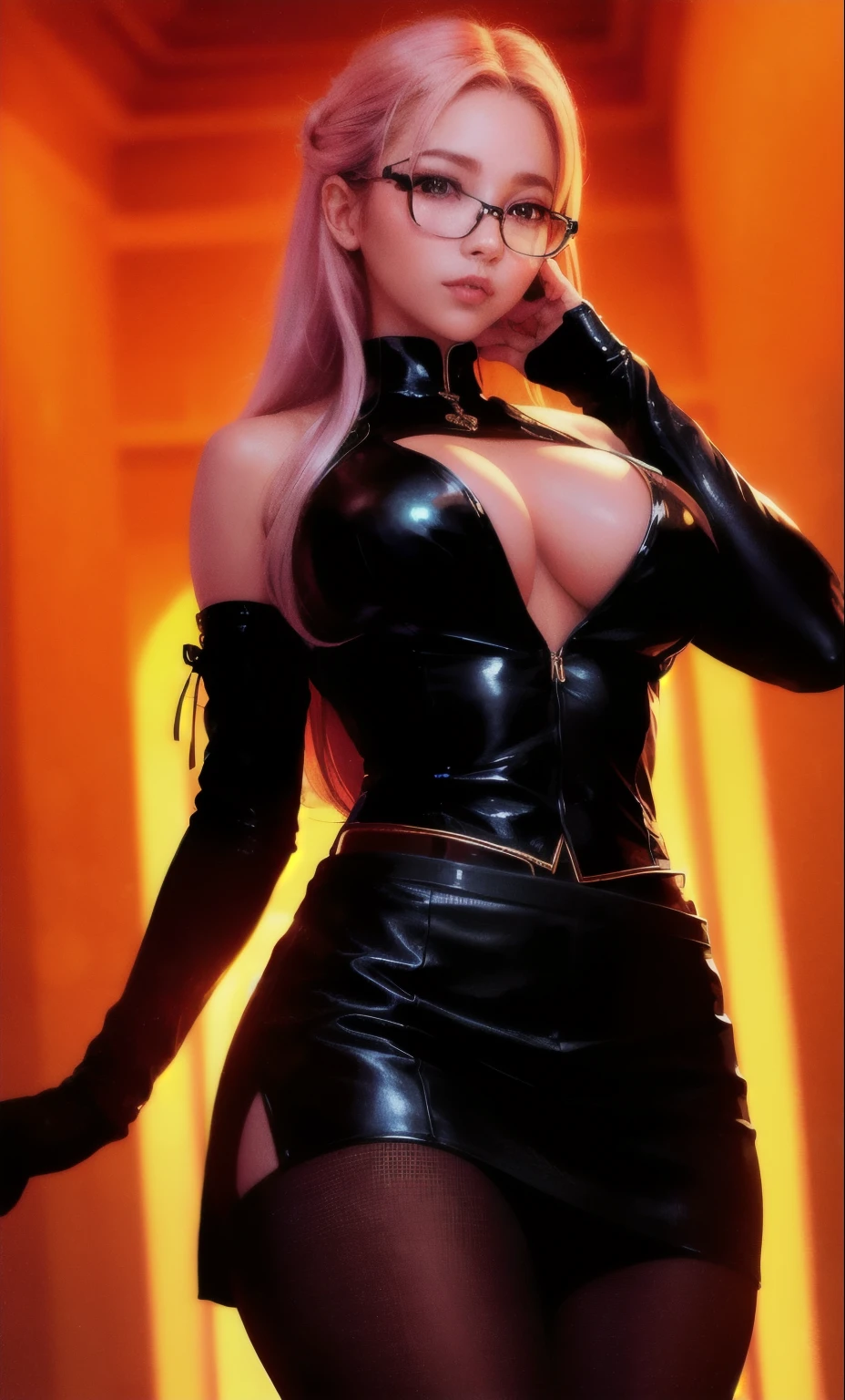 ulzzang-6500-v1.1, (raw photo:1.2), (photorealistic:1.4), beautiful detailed girl, very detailed eyes and face, beautiful detailed eyes, ridiculous, incredibly ridiculous, huge file size, super detailed, high resolution, very detailed, best quality, masterpiece, ((fashion clothing with diverse colors)), illustration, very detailed, CG, unified, 8k wallpaper, amazing, fine detail, masterpiece ,best quality, very detailed CG uniform 8k wallpaper, light on face, movie lighting, 1girl, , long white hair, side splits, (big breasts), (no panties)), (glasses), ((dynamic pose))), ((sexy pose))), (camel toe), (half), (pantyhose)), ((black hip skirt))