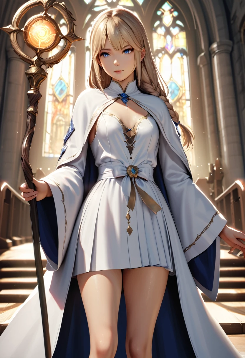 1 girl, trap, Blonde Hair, One-side long braid, blue eyes, flat chest, A short person, White robe, Bare legs, Thunder and Lightning，lightning，electrical arcs，Discharge of，magic，Thunder holding the golden staff, Church Background, Textured Skin, Ultra HD, Ultra HD, Ultra HD, Ultra HD, The award-winning, High Detail, Incredible high-key lighting and shadows, masterpiece, Incredible illustrations