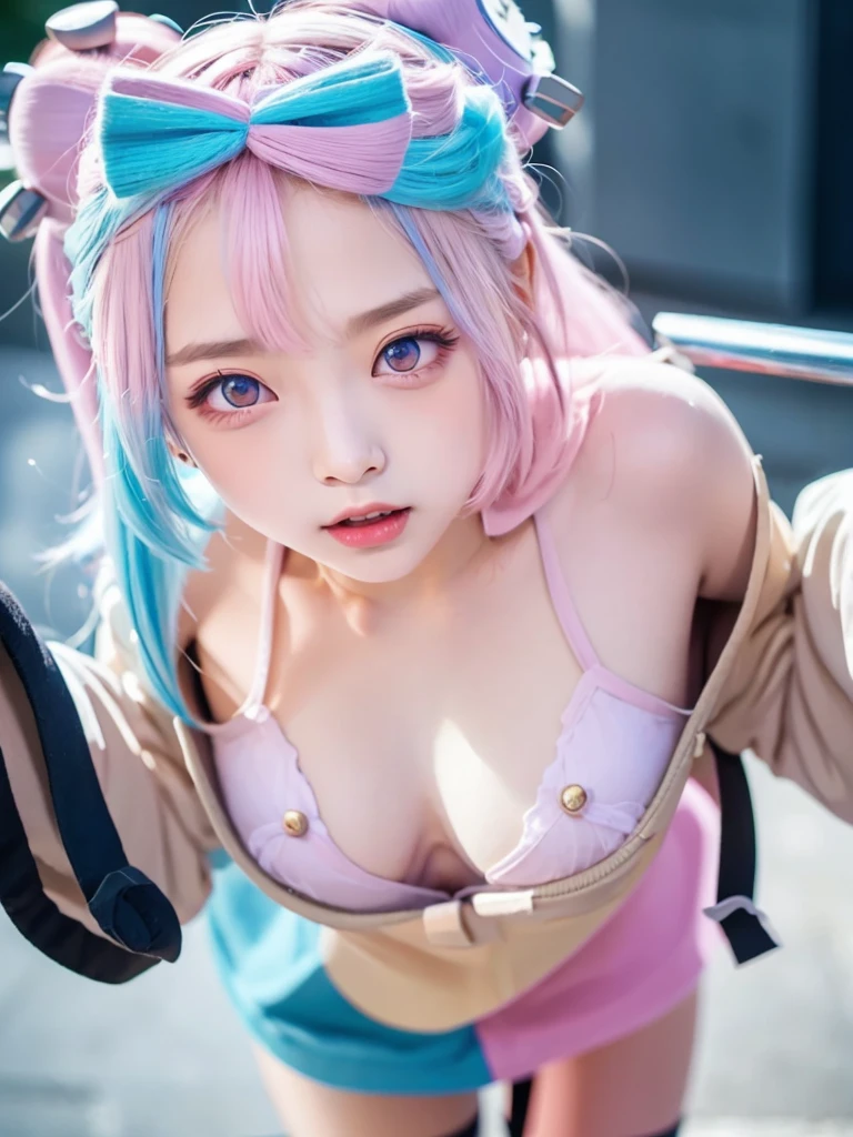 (Highest quality,128k, masterpiece:1.55, photorealistic, hyperrealistic), Ultra detailed face, Detailed lips, Detailed eyes, double eyelid,
BREAK (((NSFW, Completely naked, topless))),.
BREAK (close up:1.5), from above, (leaning forward:1.3), breast focus,
BREAK One girl, iono
BREAK 1girl, solo, ((water eye, full-face blush, panicking, screaming, gloom)), (full breasts, pointy breasts, sagging breasts:1.3), Pretty nipples, Erect nipples, completely
BREAK looking at viewer,
BREAK blue hair, bow-shaped hair, character hair ornament, hair ornament, long hair, low-tied long hair, multicolored hair, pink hair, sharp teeth, split-color hair, twintails, two-tone hair, (pink eyes:1.5), bell, bow-shaped hair, character hair ornament, split-color hair,