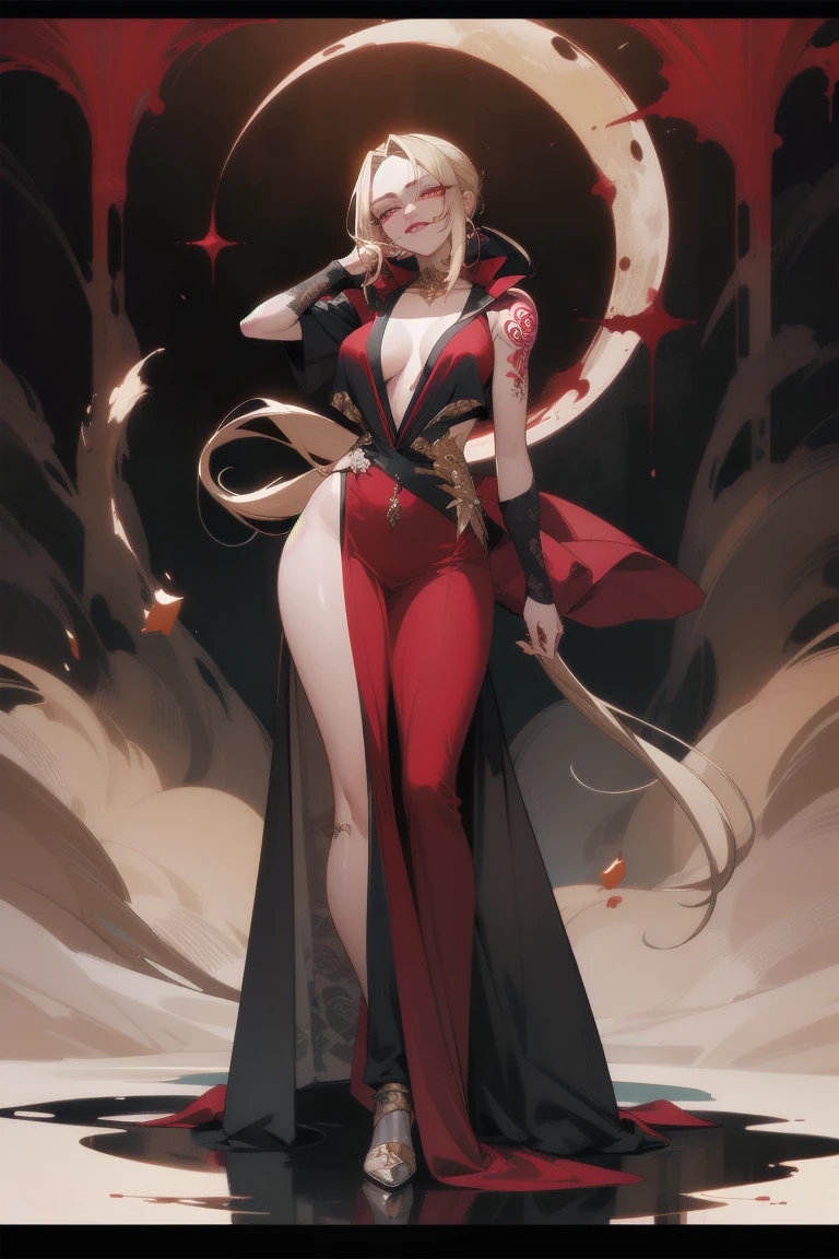 Impressive female portrait depicting a woman with long hair, Light blonde hair with lots of vibrant red highlights, cute, Very luxurious, Creates a unique two-tone effect, Long hair ponytail. Her big, Sharp, red, bloodshot eyes staring intensely, Lovely, Adds an unsettling yet seductive presence. Dressed formally, Her body is adorned with numerous intricate tattoos., The face has a prominent moon design on it.. Full Body Shot, Cowboy Shot. Symmetrical female features and malevolence, A big smile conveys badness, Ominous attitude, In the Dark, Cityscape Background, With a mysterious dress, Gold ornaments,