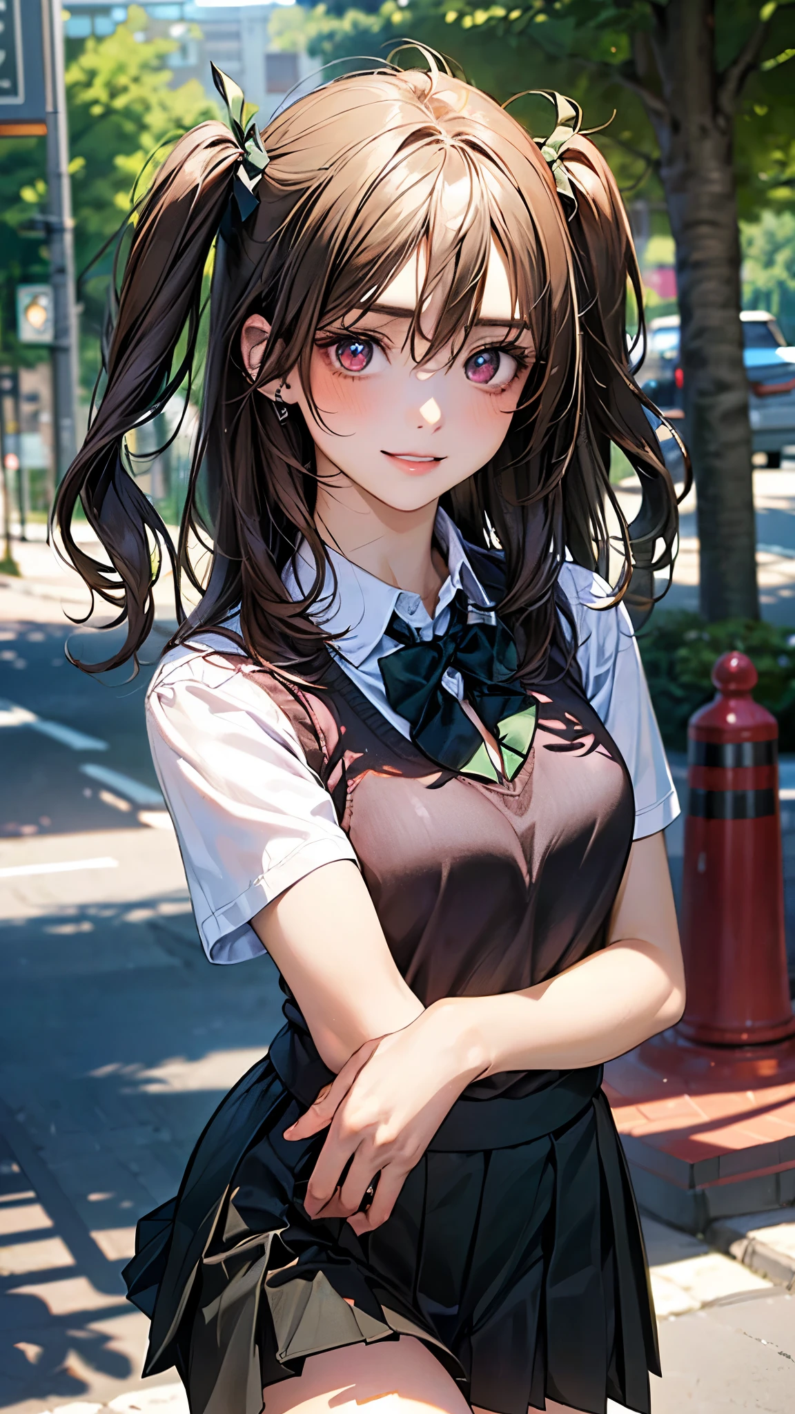 (masterpiece:1.2, top-quality), (realistic, photorealistic:1.4), beautiful illustration, (natural side lighting, movie lighting), depth of fields,
looking at viewer, upper body, face close-up, front view, 1 girl, , (perfect anatomy, anatomically correct, super detailed skin), cute and symmetrical face, perfect face, perfect eyes,
(long hair, (two side up:1.3), dark brown hair), hair between eyes, maroon eyes, big eyes, long eye lasher, (medium breasts, thigh), perfect body, shiny skin,
beautiful detailed hair, beautiful detailed face, beautiful detailed eyes, beautiful clavicle, beautiful body, beautiful chest, beautiful thigh, beautiful legs, beautiful fingers,
((detailed cloth texture, break short sleeve white collared shirt, break light brown knit vest, break black pleated skirt, break dark green bow tie)), break white hair ribbon, break
(beautiful scenery), (tree-lined street:1.2), walking, (crossed arms), (lovely smile, parted lips),
