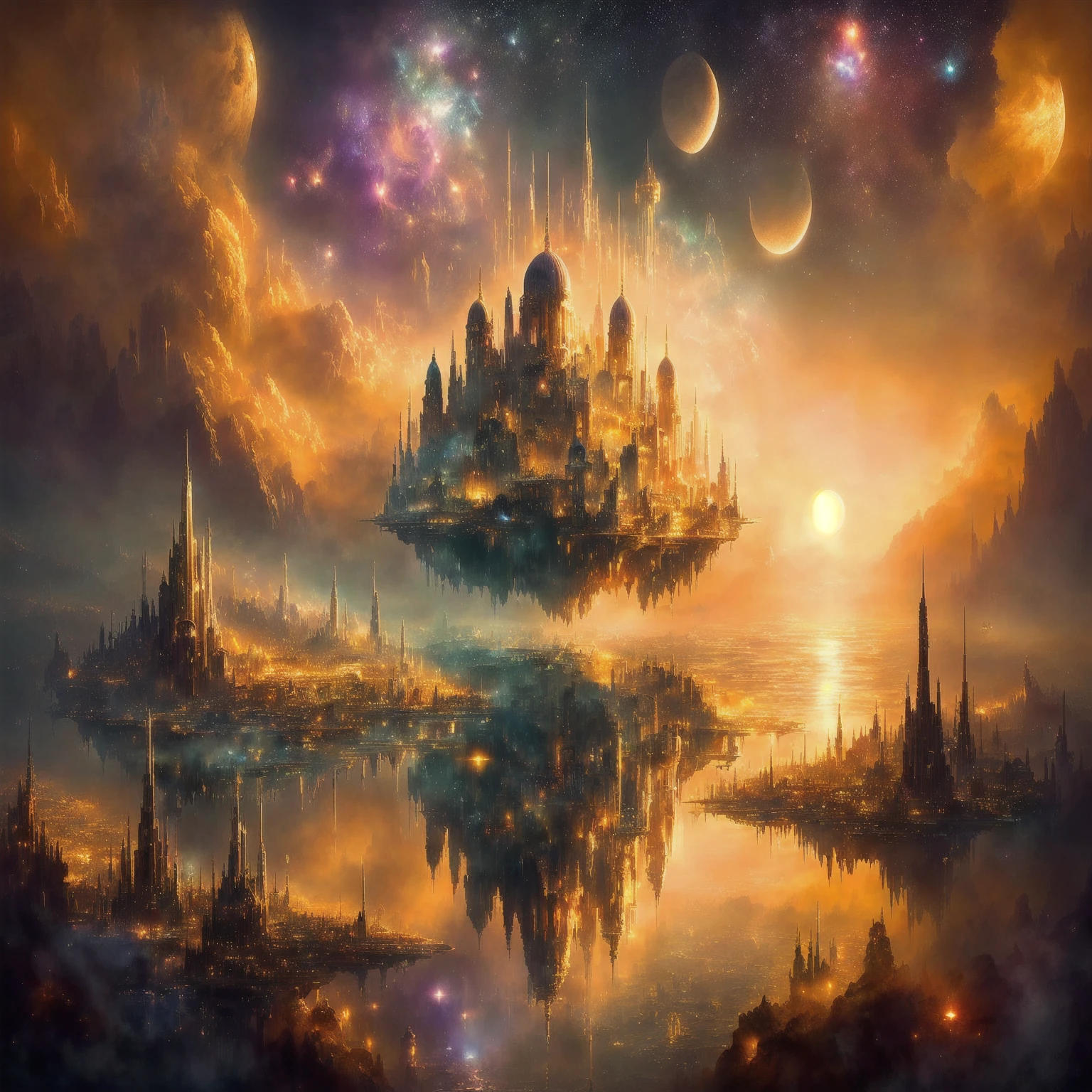Arafed city in the sky with a moon and planets, ethereal starlit city at dusk, in a science fiction and fantasy city, fantasy cityscape, Highly detailed 4k digital art, fantasy city, in front of a fantasy city, symmetrical fantasy landscape, ancient science fiction city, floating palace, fantasy city background, surreal alien kingdom, floating city in the sky.
