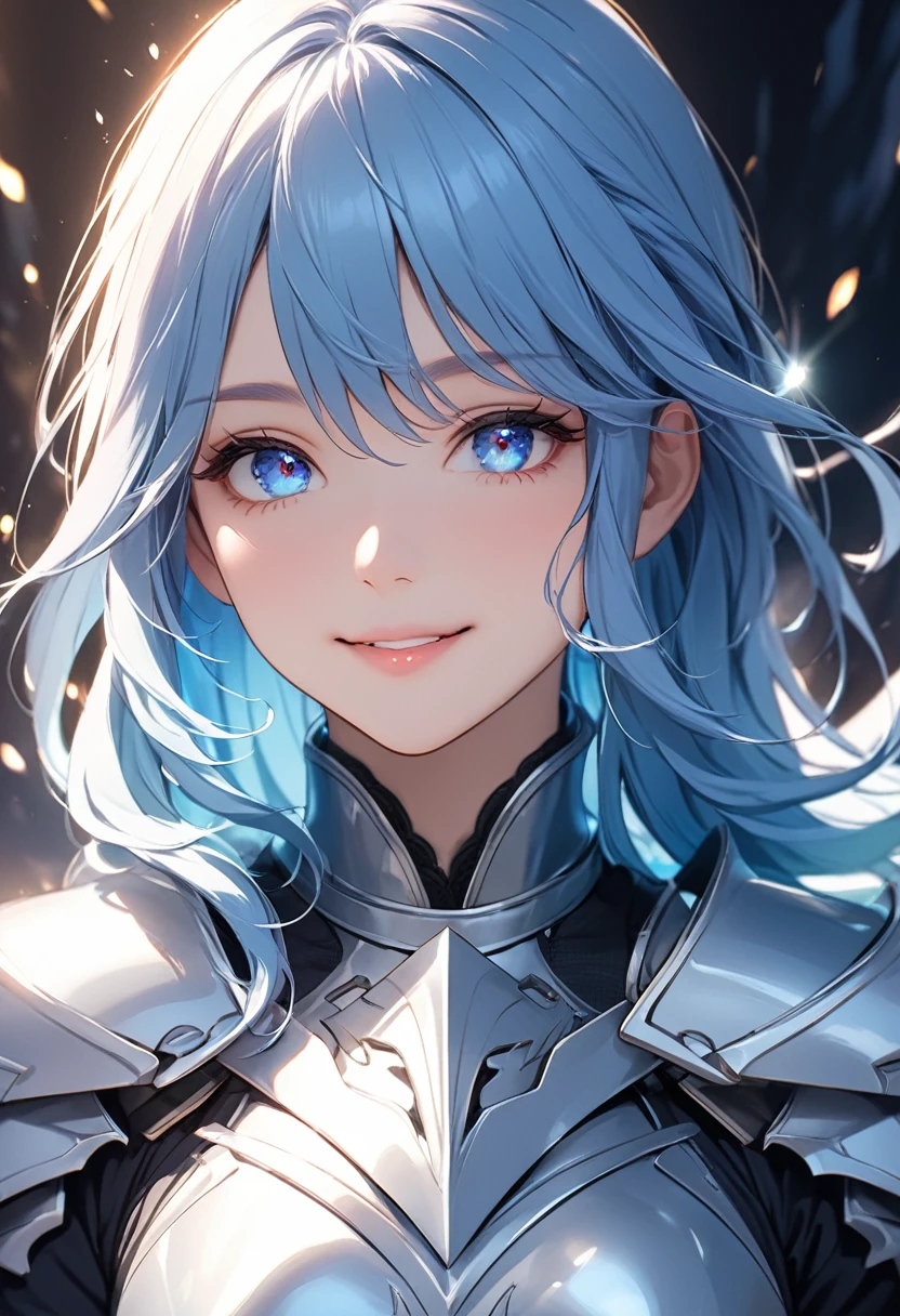 (masterpiece:1.5),(Beat quality),(high res),1girl solo,beautiful face,smile(shining eyes),upper body,light effects,Blue haired female knight,Riding a blue dragon