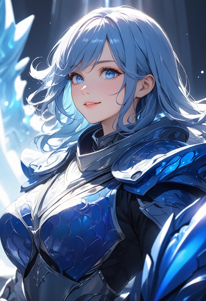 (masterpiece:1.5),(Beat quality),(high res),1girl solo,beautiful face,smile(shining eyes),upper body,light effects,Blue haired female knight,Riding a blue dragon