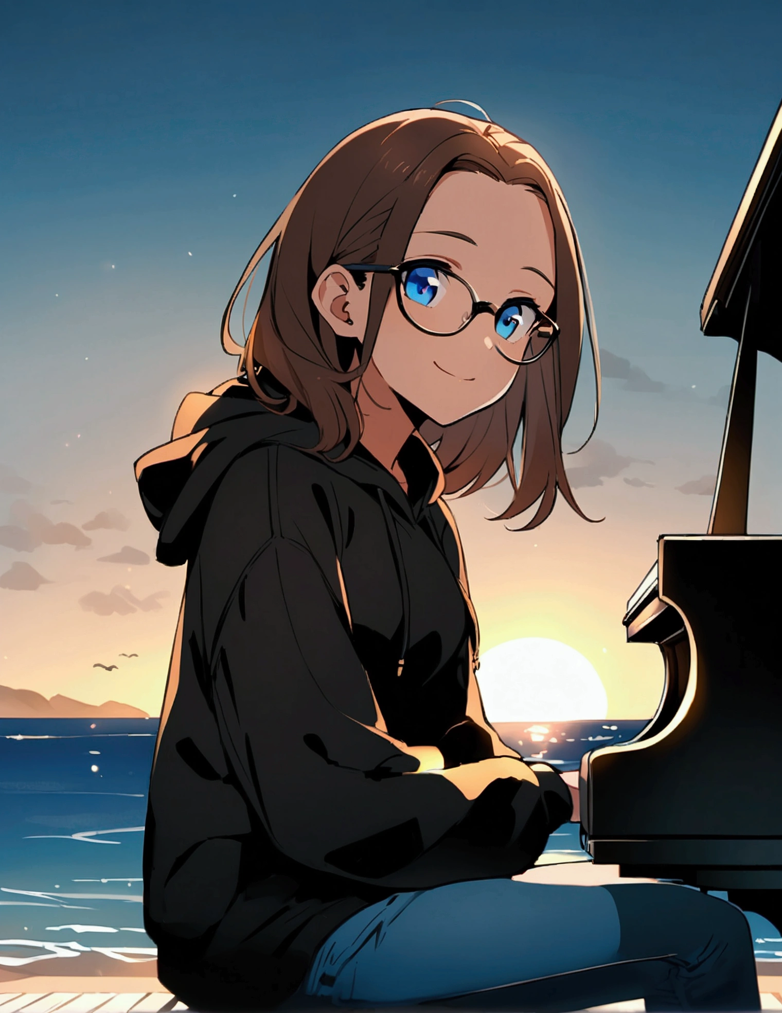 Alone, one person, anime woman (shoulder-length brown hair, blue eyes, black hoodie, jeans, dark-rimmed glasses, clear forehead, smiling) plays sitting on a beautiful black piano. Summer. Sun ist shining. Ocean in the background.
