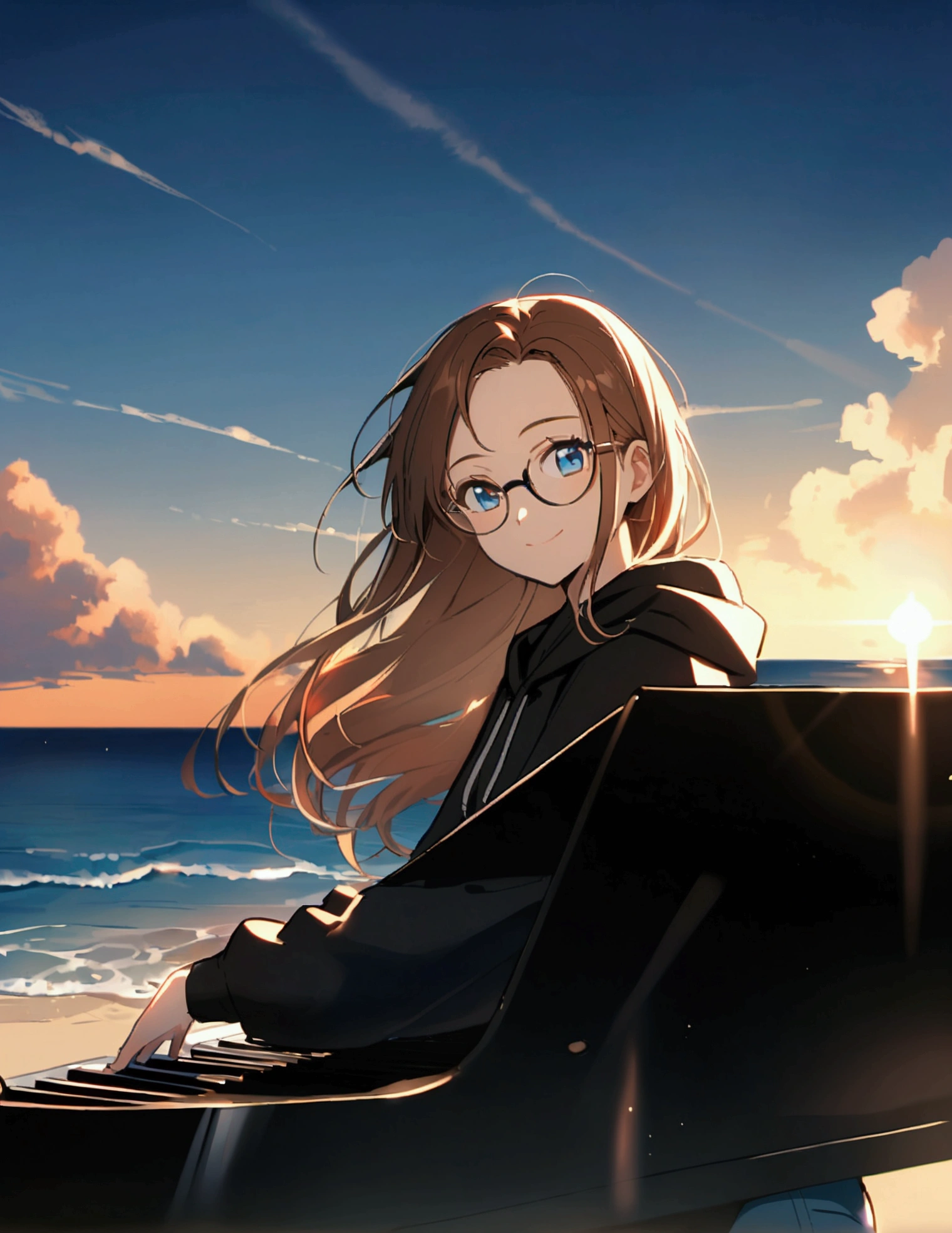 Alone, one person, anime woman (shoulder-length brown hair, blue eyes, black hoodie, jeans, dark-rimmed glasses, clear forehead, smiling) plays sitting on a beautiful black piano. Summer. Sun ist shining. Ocean in the background.
