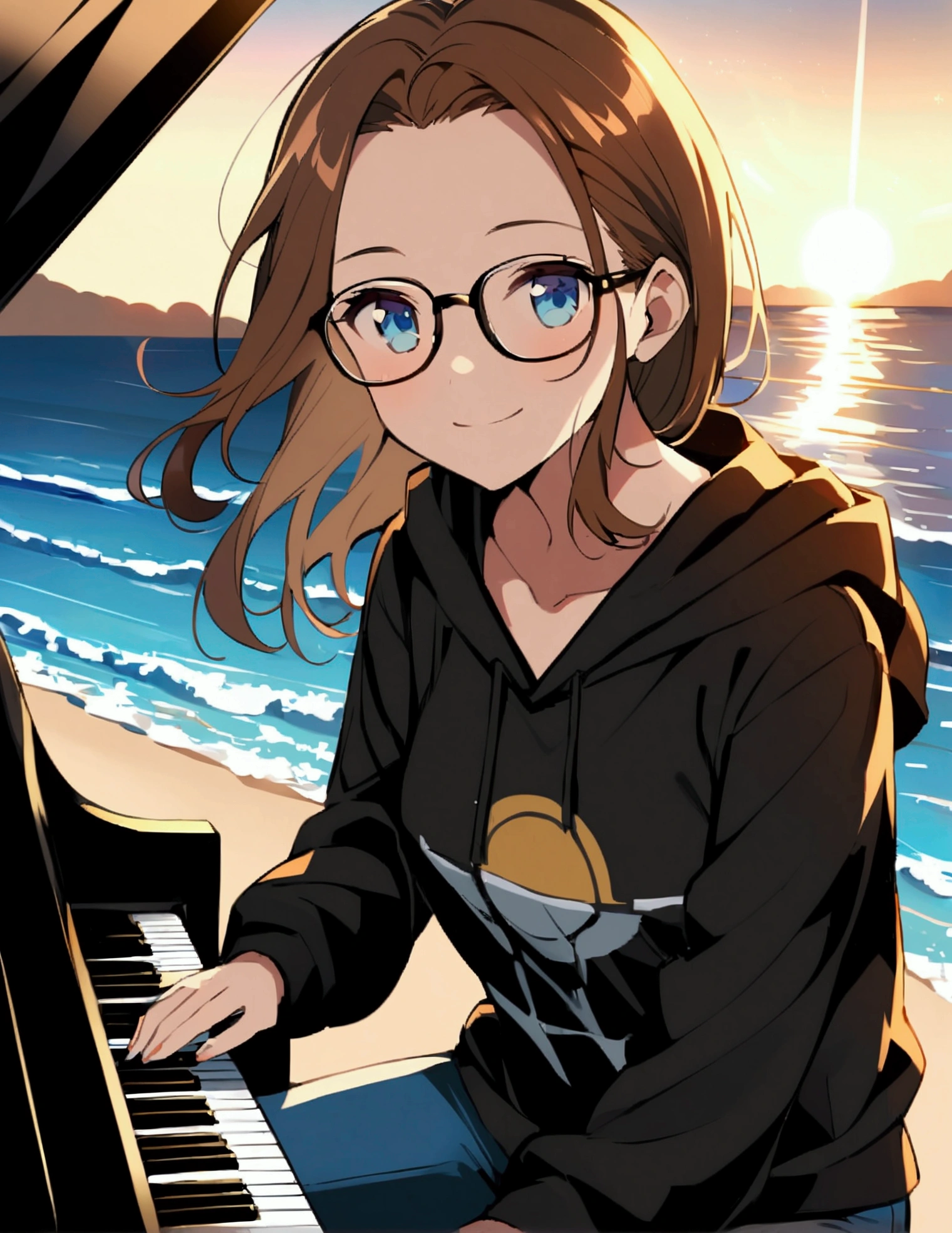 Alone, one person, anime woman (shoulder-length brown hair, blue eyes, black hoodie, jeans, dark-rimmed glasses, clear forehead, smiling) plays sitting on a beautiful black piano. Summer. Sun ist shining. Ocean in the background.
