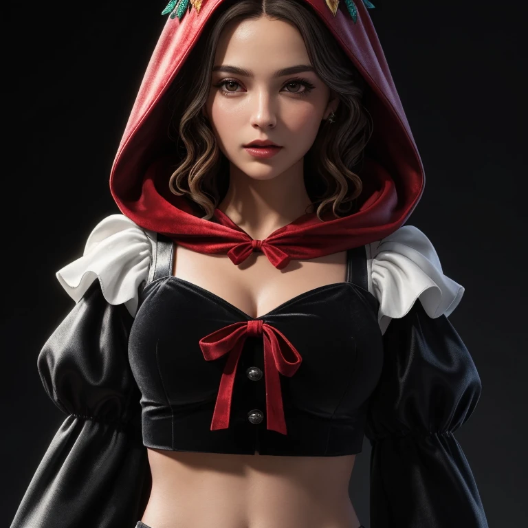 ((extreme detail)),(ultra-detailed), extremely detailed CG unity 8k wallpaper, velvet, figurine, red hood, crop top, star headdress, puffy sleeves, lips, looking away, close-up, head turn, black background