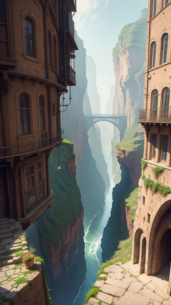 ((masterpiece)),((best quality)),((High Detail)),((Practical)) , view from far,
Industrial age city, There is a deep canyon in the middle, Building Street, market, bridge, rain, Steampunk, European Architecture
