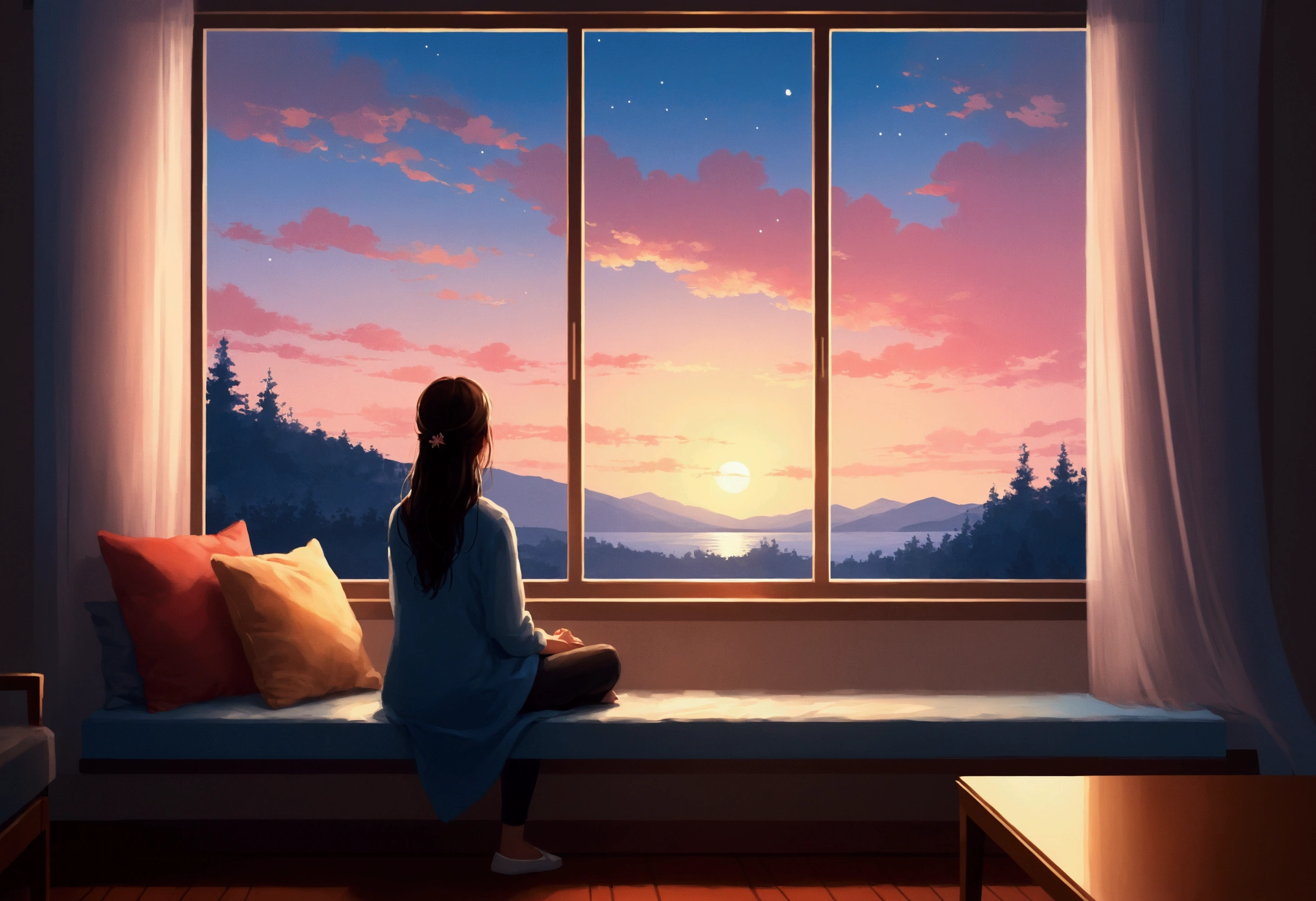 Woman sitting in coach in front of window, Digital painting inspired by Alena Aenami, pixiv, realism, silent Night. digital illustration, blurred and dreamy picture, blurry and dreamy picture, artistic. Alena Anami, keyframe picture, dreamy picture, Lo-Fi illustration style, style of Alena Anami, sight