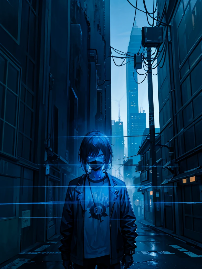 a man with a television head, cyberpunk scene, wearing a shirt, dark, alley, 1 person, highly detailed, 8k, hyperrealistic, cinematic lighting, dramatic shadows, neon lights, advanced technology, glowing elements, moody atmosphere, gritty urban environment, dystopian future, intricate details, volumetric fog, realistic skin textures, mesmerizing colors, stunning composition
