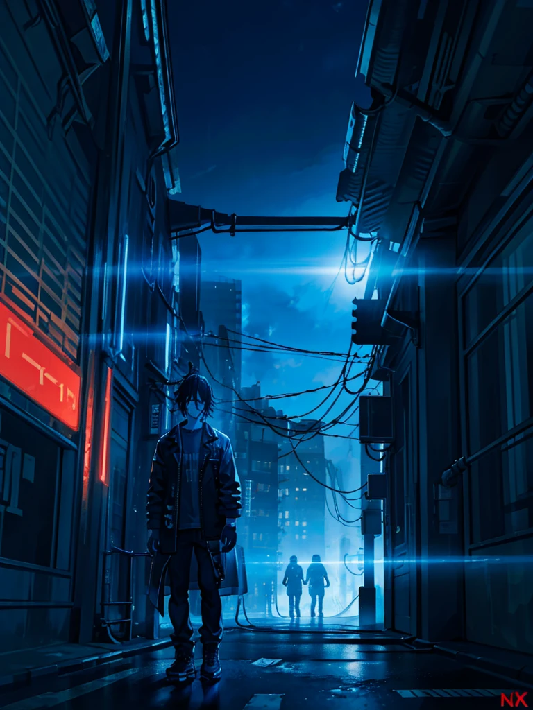 a man with a television head, cyberpunk scene, wearing a shirt, dark, alley, 1 person, highly detailed, 8k, hyperrealistic, cinematic lighting, dramatic shadows, neon lights, advanced technology, glowing elements, moody atmosphere, gritty urban environment, dystopian future, intricate details, volumetric fog, realistic skin textures, mesmerizing colors, stunning composition