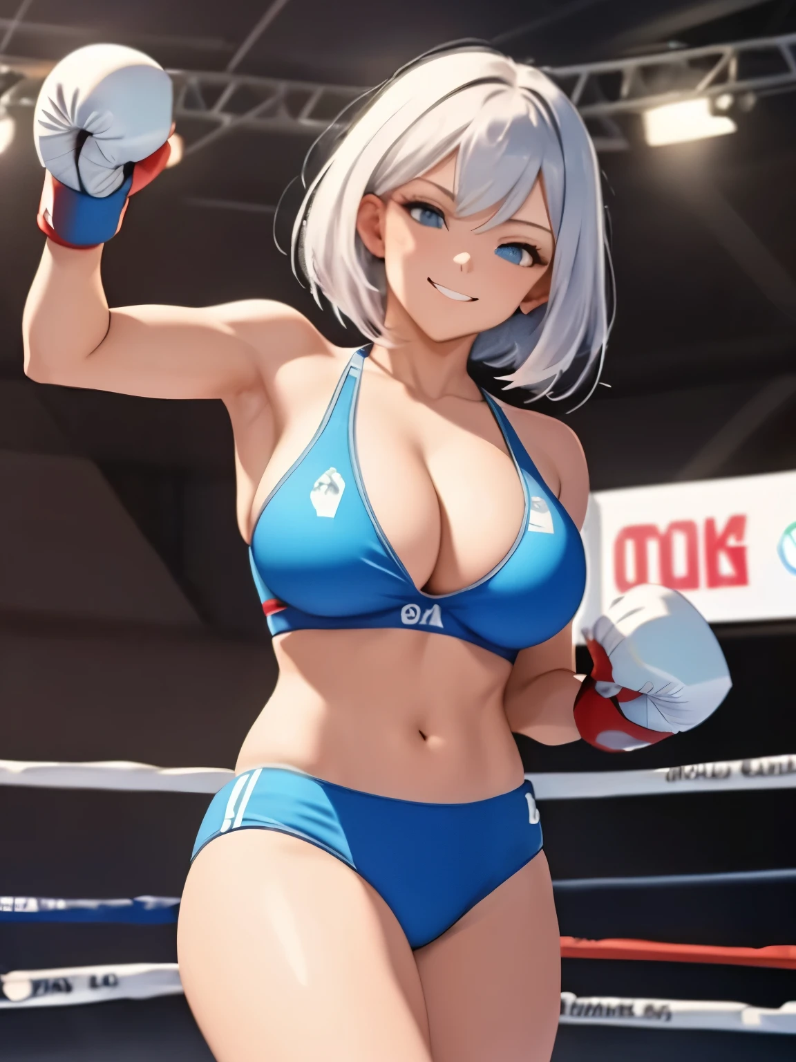 The best masterpieces, (ultra-quality:1.32), (The ultra -The high-definition:1.4), (超A high resolution: 1.3), (CG Unity 8k wallpapers:1.2), precise and perfect human body structure, (Textured skin: 1.26), 
(Photorealistic, Many award-winning photos: 1.27), depth of fields, Shading by sunlight、
Tsurime、 gazing condescendingly at the viewer with a scornful grin, look down、cleavage of the breast、Colossal tits、Attractive thighs、juicy thighs、
silver bob hair, Boxing, In the background of the Olympics,