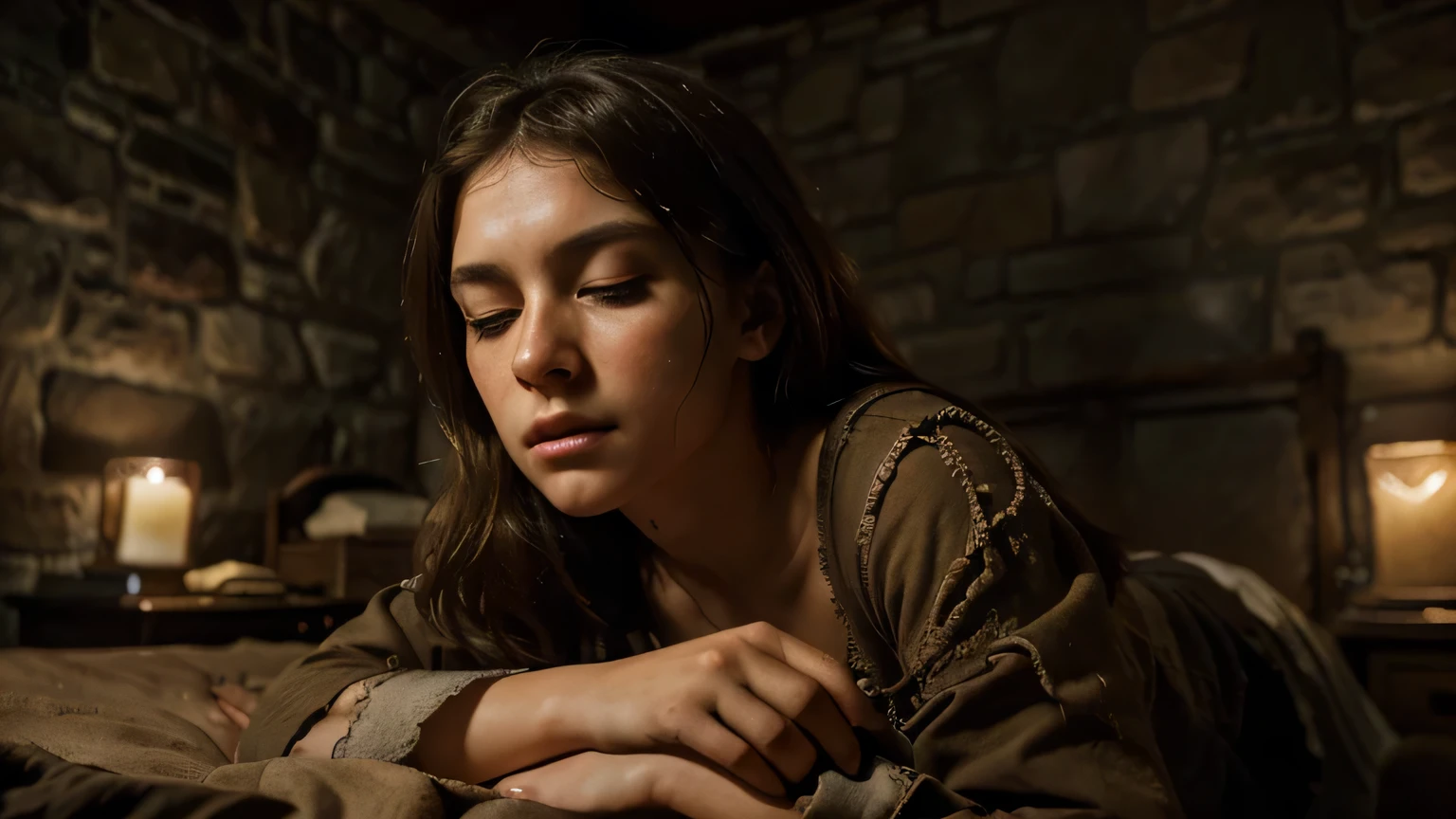 At night, AN 8 YEAR OLD GIRL with brown hair, PALE WITH EYES CLOSED, LYING ON BED, creating an atmosphere of chiaroscuro and drama. Jairo is dressed in a tattered brown tunic and his appearance is aged and worn, rough stone walls in the background evoke an austere, historical setting. Dramatic lighting and intense shadows highlight the intricate details of her face and hands, capturing her fervent plea in a high-resolution (4k, 8k) cinematic composition that emulates the quality of a Renaissance masterpiece painted in oils. Skin tones are natural and facial features are highly detailed, with realism and photorealism that accentuate the emotion of the moment.