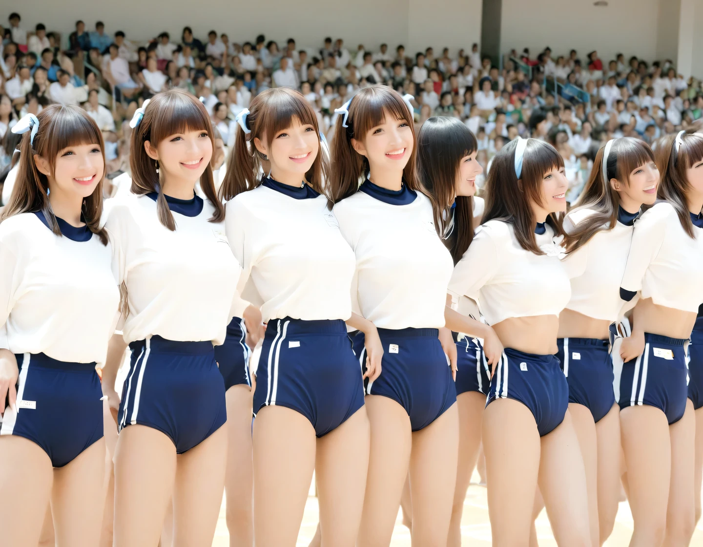 score_9, score_8 Up, Highest quality, Idol Group，Cowboy Shot，Shot from medium distances，student，Tight gym wear, Bloomers, Adorable，smile, Brown Hair，Perfect hands，Black choker、bangs、Very lush and long eyelashes、uniform, ((Big Breasts))、((Slim face)), Healthy Thighs, Red lipstick, High nose, still, Sports competitions, opening ceremony、Configuration