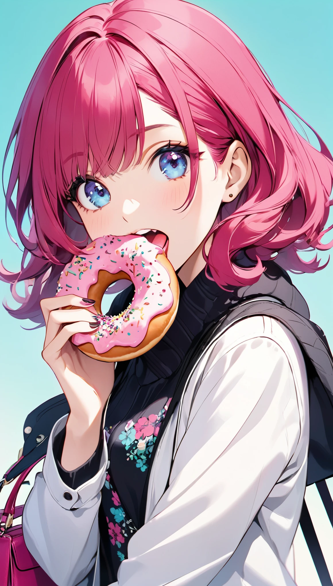 Eating a donut, stylish, berry cool!,