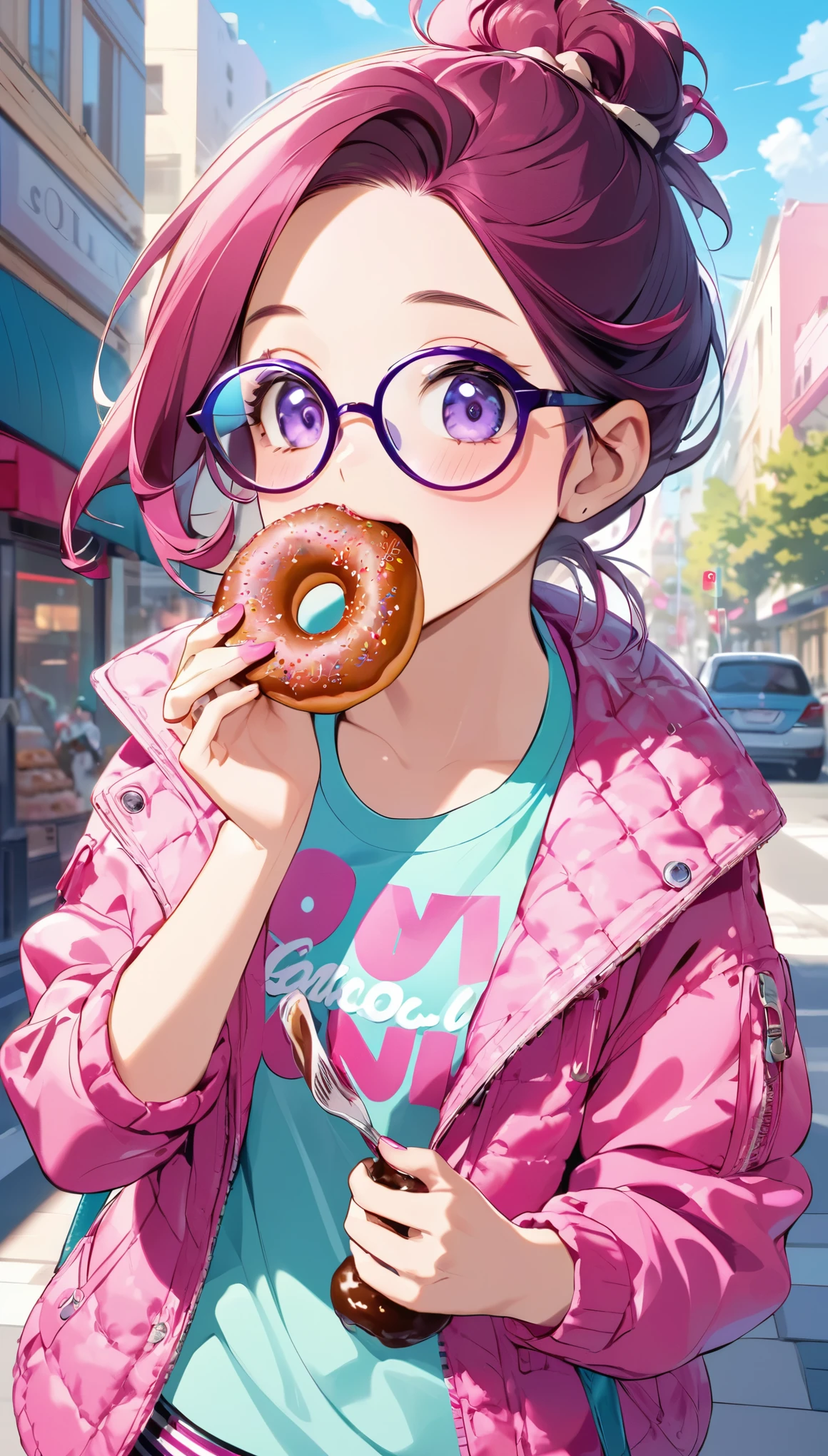 Eating a donut, stylish, berry cool!,