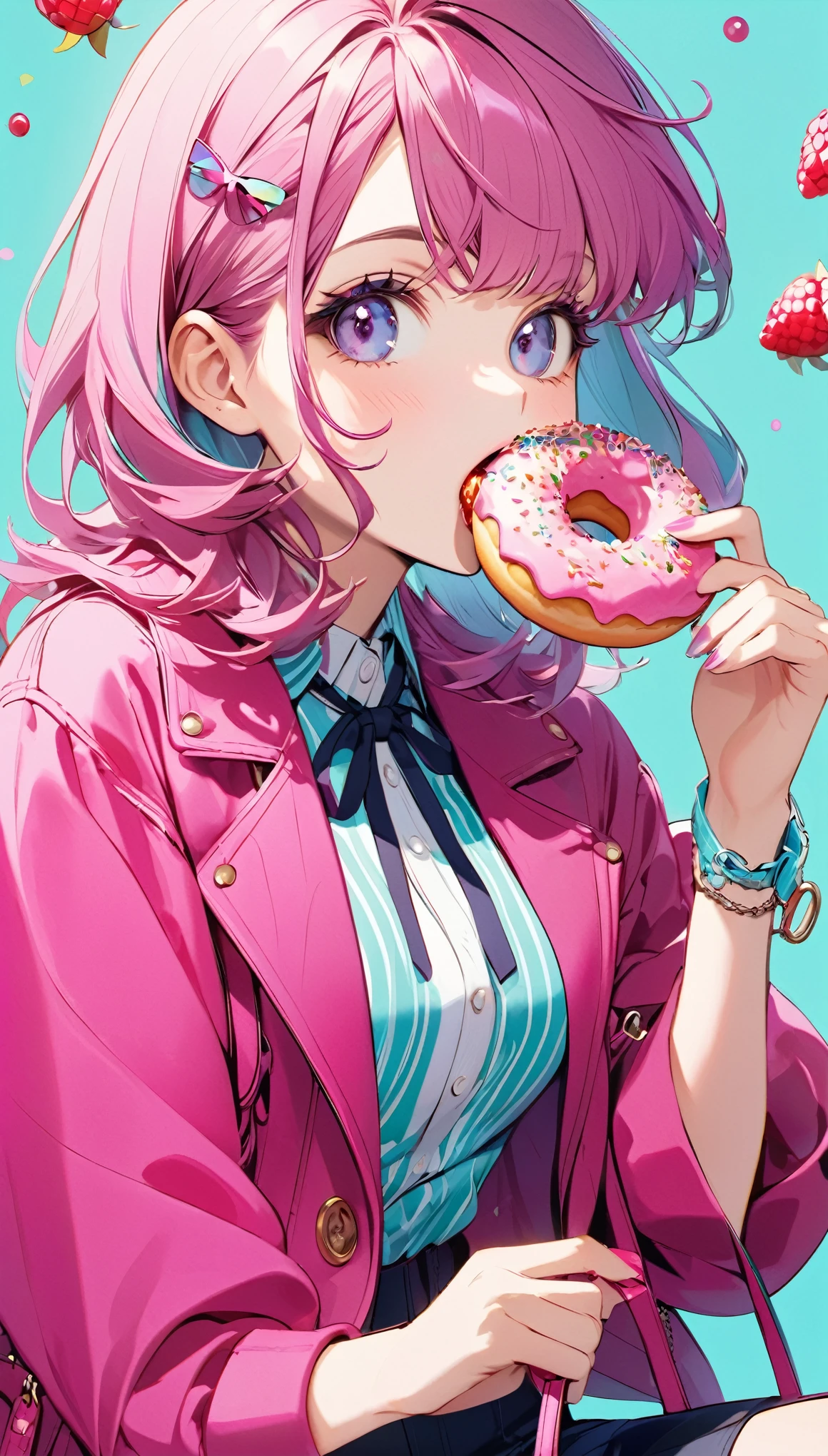 Eating a donut, stylish, berry cool!,