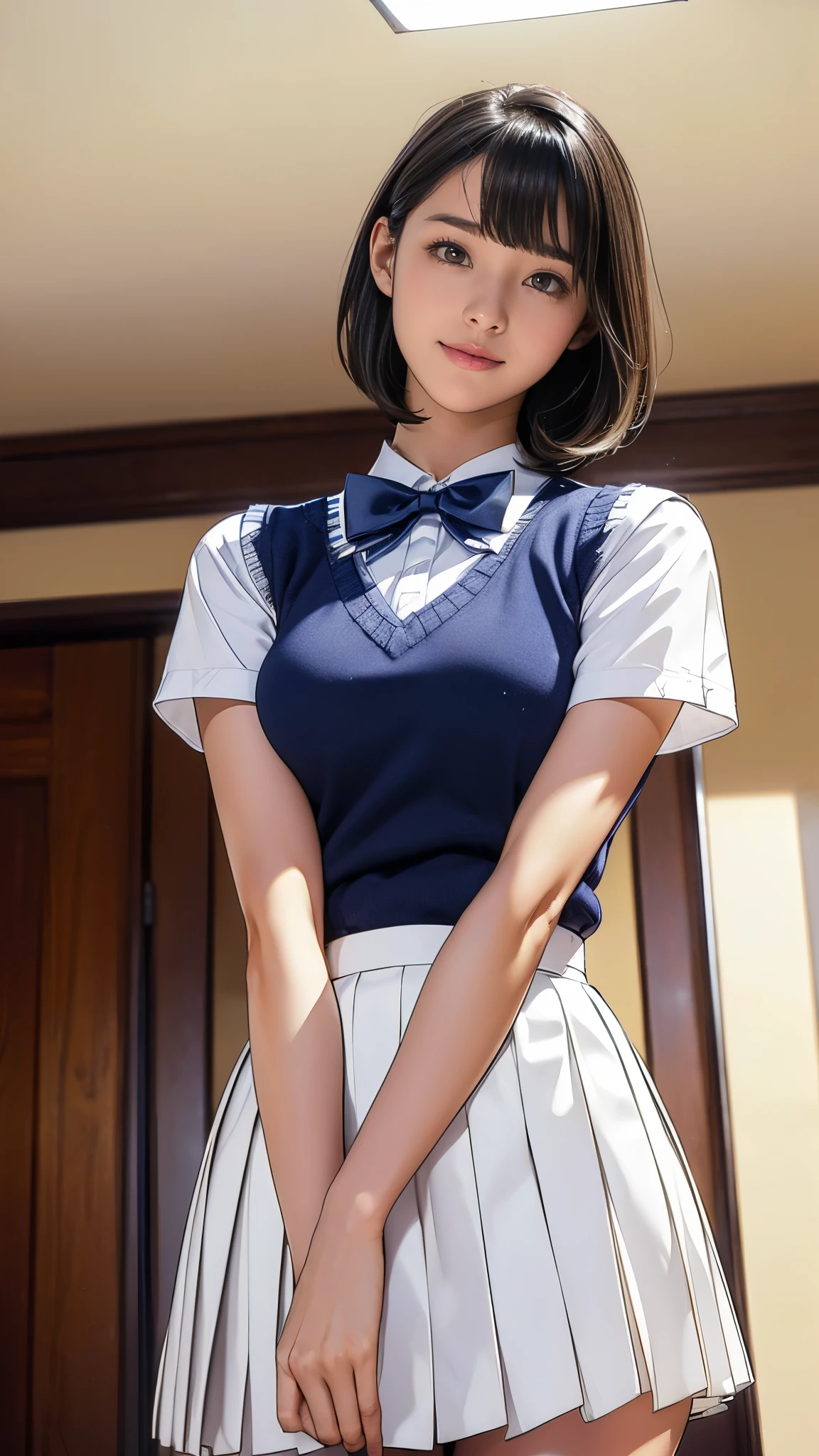 (masterpiece:1.2, Highest quality), (Realistic, photoRealistic:1.4), (Large Breasts:1.5, Saggy breasts:1.3), Beautiful illustrations, (Natural Side Lighting, Cinema Lighting), Written boundary depth, Looking at the audience, (Face Focus, Upper Body), Front view, 1 girl, Japanese, high school girl, , Perfect Face, Symmetrical cute face, Glowing Skin, (Bob Hair:1.7,Black Hair), Asymmetrical bangs, Big eyes, Droopy eyes, long eyelashes chest), thin, Beautiful Hair, Beautiful Face, Beautiful and beautiful eyes, Beautiful clavicle, Beautiful body, Beautiful breasts, Beautiful thighs, Beautiful legs, Beautiful fingers, ((Quality fabric texture, brown knit vest, Short sleeve white collar shirt, Navy Pleated Skirt, Navy bow tie)), (Beautiful views), evening, (Inside the flower shop), Are standing, (smile, Superior, Open your mouth), (From below:1.5),(Poor visibility:1.5), (From below)
