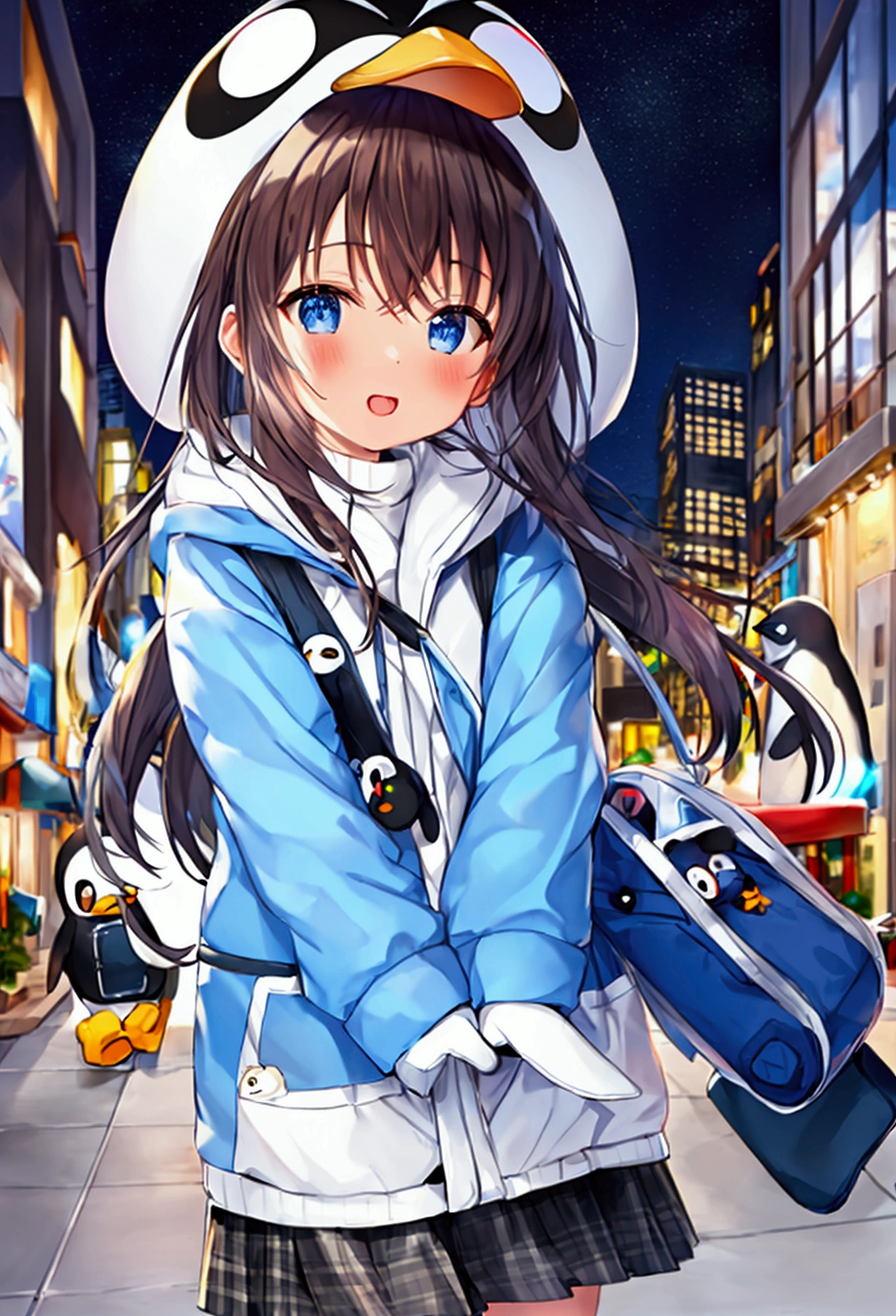 Cute penguin character、Big head、White and light blue fur、Wearing a blue jacket、In his right hand he is holding a brown bag、Beautiful blurred city night view、