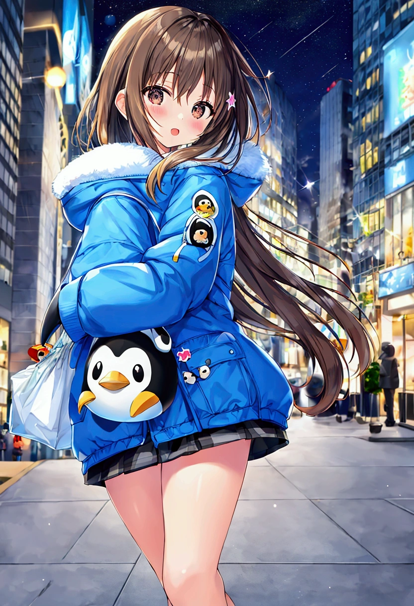 Cute penguin character、Big head、White and light blue fur、Wearing a blue jacket、In his right hand he is holding a brown bag、Beautiful blurred city night view、