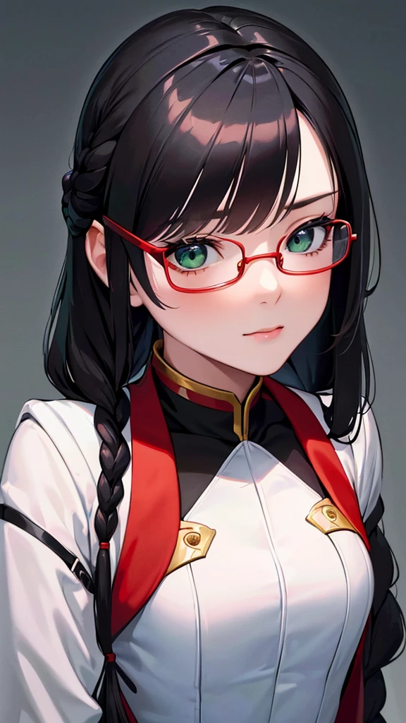 Movie Poster,((Braid Hairstyle : 1.5)),Anime Reference 86 ,Science Fiction,Sci-Fi,Movies,War Action Movies,Space,Atmosphere,Sky,Battleship,Multiple Characters,Women,Adults,Green Eyes,Black Hair,(Pia bangs hairstyle) : 1.8 ),(Red Glasses),General Uniform,White Commander Uniform,Serious Face Frowning,Realistic Face Detail,Realism,3D Face,