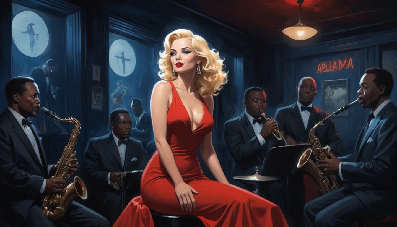 alabama bar, blue note, charismatic, baterist, guitarist, saxophonist, jazz band, red dress, illustration, noir fantasy, singer blonde lady,