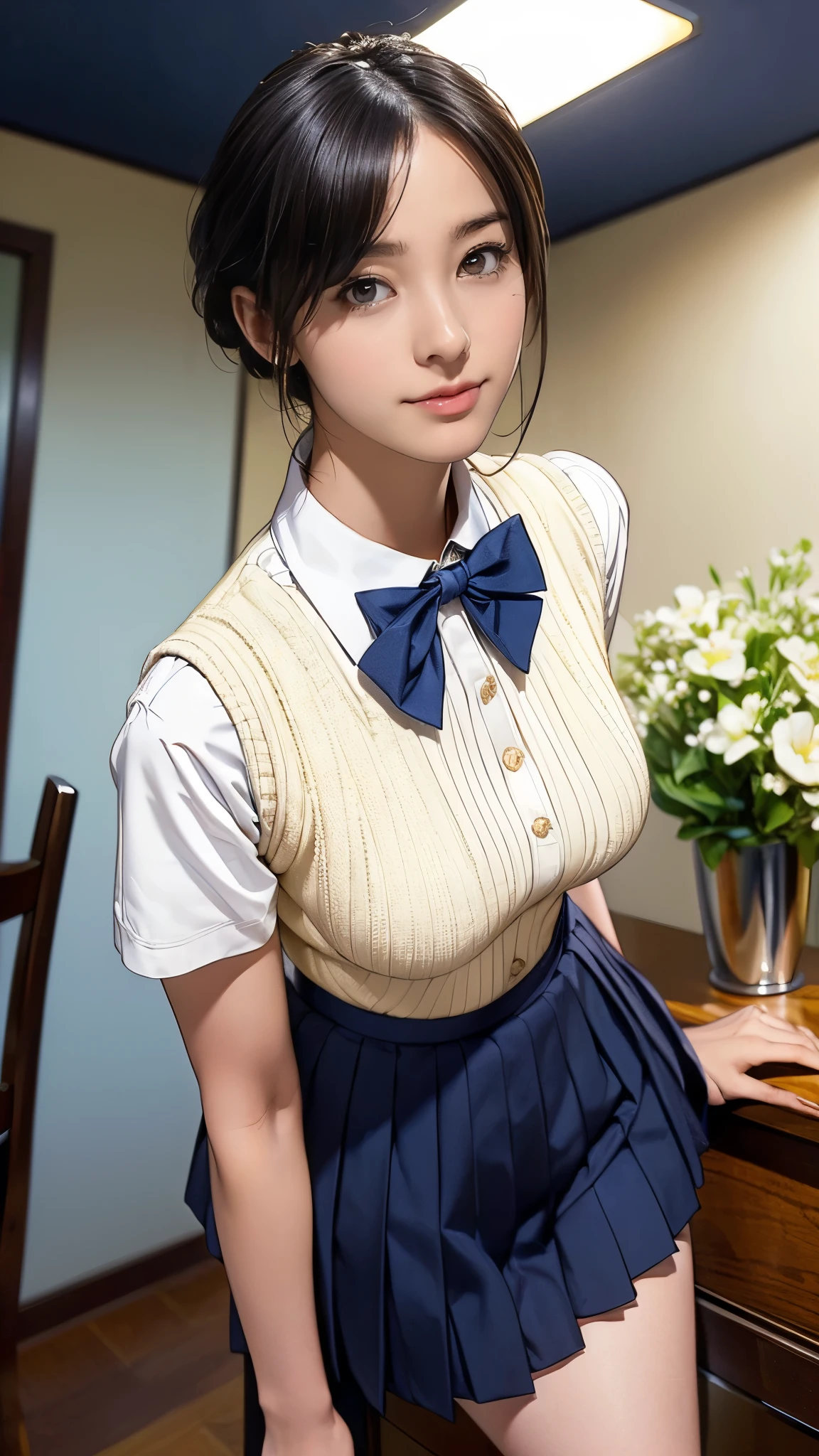 (masterpiece:1.2, Highest quality), (Realistic, photoRealistic:1.4), (Large Breasts:1.5, Saggy breasts:1.3), Beautiful illustrations, (Natural Side Lighting, Cinema Lighting), Written boundary depth, Looking at the audience, (Face Focus, Upper Body), Front view, 1 girl, Japanese, high school girl, , Perfect Face, Symmetrical cute face, Glowing Skin, (Bob Hair:1.7,Black Hair), Asymmetrical bangs, Big eyes, Droopy eyes, long eyelashes chest), thin, Beautiful Hair, Beautiful Face, Beautiful and beautiful eyes, Beautiful clavicle, Beautiful body, Beautiful breasts, Beautiful thighs, Beautiful legs, Beautiful fingers, ((Quality fabric texture, brown knit vest, Short sleeve white collar shirt, Navy Pleated Skirt, Navy bow tie)), (Beautiful views), evening, (Inside the flower shop), Are standing, (smile, Superior, Open your mouth), (From below:1.5),(Poor visibility:1.5), (From below)