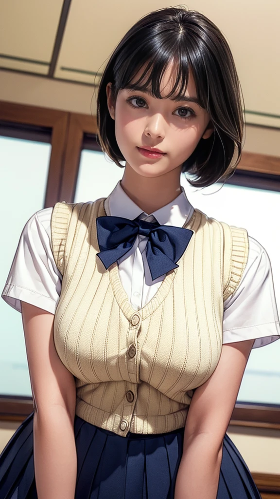 (masterpiece:1.2, highest quality), (realistic, photorealistic:1.4), beautiful illustrations, (natural side lighting, movie lighting), Depth of written boundary,
looking at the viewer, (face focus, Upper body), Front view, 1 girl, English, high school girl, s old, perfect face, Cute symmetrical face, shiny skin,
(bob hair:1.7,blonde), asymmetrical bangs, Big eyes, droopy eyes, long eyelashes chest), thin,
beautiful hair, beautiful face, fine and beautiful eyes, beautiful clavicle, beautiful body, beautiful breasts, beautiful thighs, beautiful feet, beautiful fingers,
((fine fabric texture, brown knit vest, short sleeve white collar shirt, navy pleated skirt, Navy bow tie)),
(beautiful scenery), evening, (Inside the flower shop), Are standing, (smile, Upper grade, open your mouth), (((skirt lift, No panties, genitals visible)))