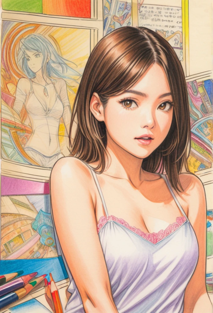 female, leotard, white, Art, ad, colour pencil drawing, illustration, bob cut