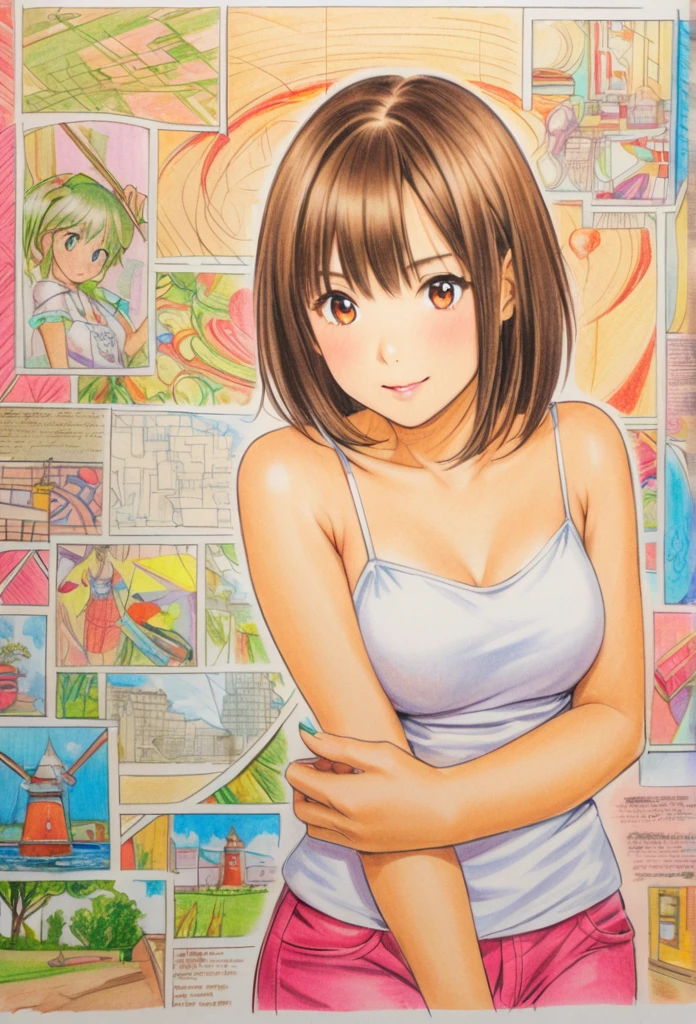  female，short camisole，white，Art，ad，colour pencil drawing，draft drawing ，comic collage，illustration