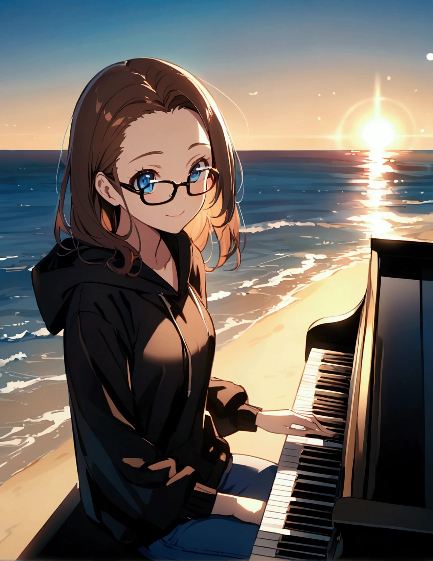 Alone, one person, anime woman (shoulder-length brown hair, blue eyes, black hoodie, jeans, dark-rimmed glasses, clear forehead, smiling) plays sitting on a beautiful black piano. Summer. Sun ist shining. Ocean in the background.