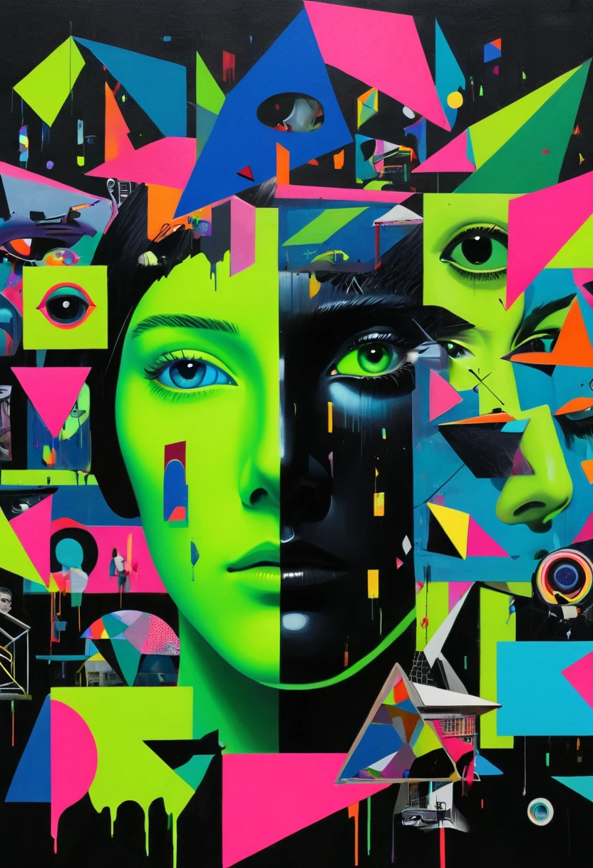 Surreal and strange dislocation art：Collage，There are many different things on the faces，neon colors playground toys，Geometric Dislocation，Collage, Hollow，Artistic sense，Painting，paint，Simple, The Matrix, Neo, black neon green