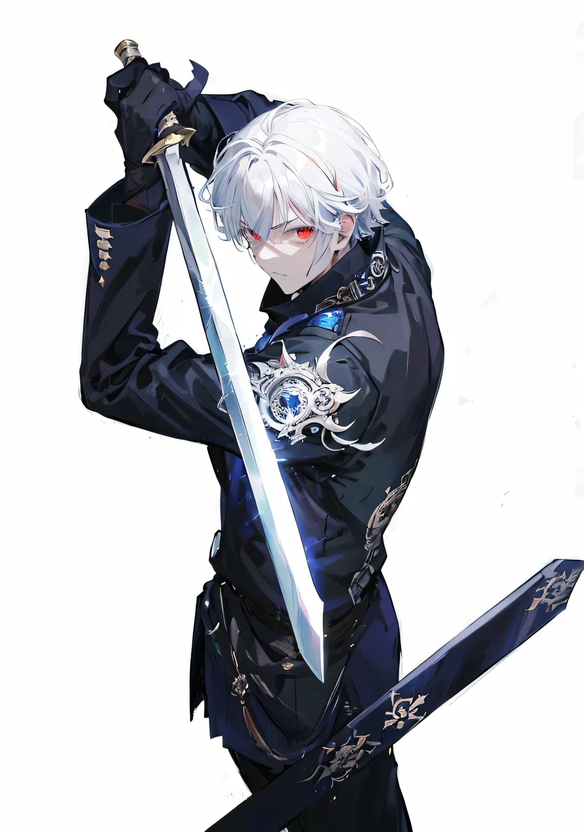 Shin Reglia((Maou_Gakuin)), (masterpiece), (high quality), (high resolution), 1male, adult male, flat expression, gray hair, detailed hair, red eyes, detailed eyes, black shirt with gray stripes, handsome man, red scarf around the neck, standing proudly, darkness, black particles, blue particles, blazing lightning, glowing, detailed, cold face, shady hair, fine hair, holding a sword, sword style.