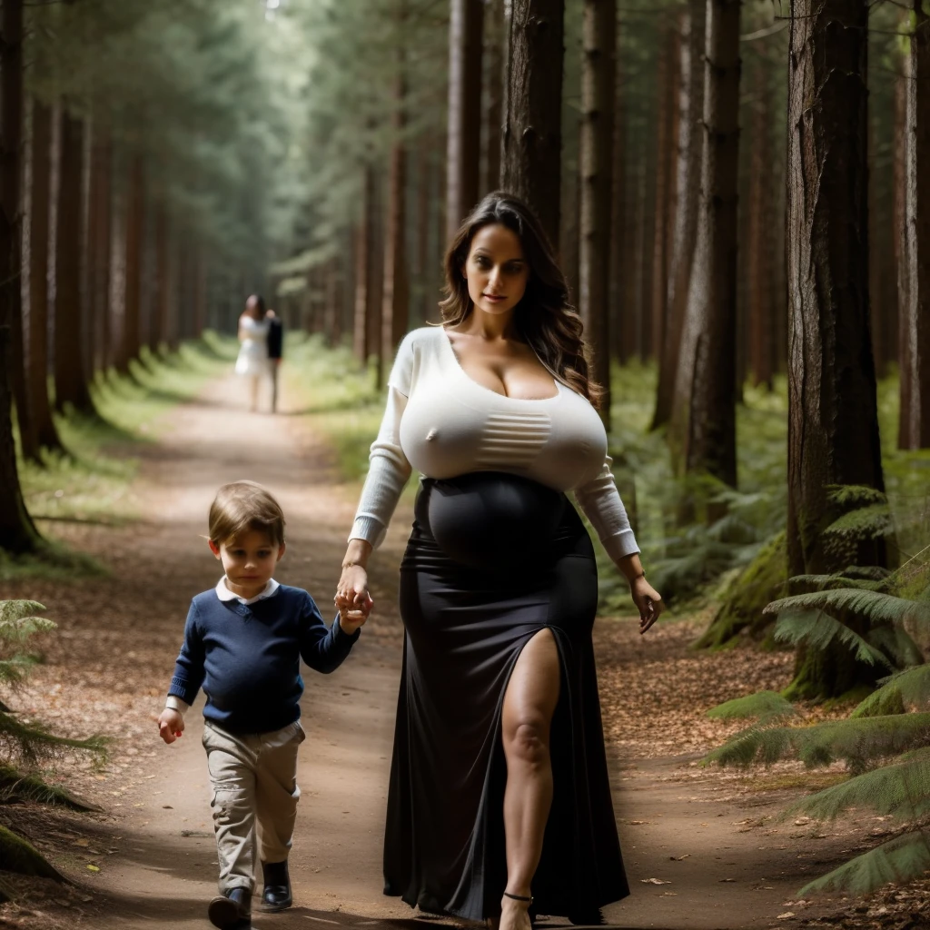 fine art portrait of a very elegant 35yo European pregnant woman, highest quality, sexy face high resolution, Eleonora Pavinat 35yo old, woman, pregnant belly, sexy loose sweater, sexy long skirt, very long loose skirt, high heels, woman with ((extremely heavy huge breasts)), ((gigantic oversized breasts,)) very low hanging breasts, very slim waist, wide hips, extremely erotic lady, walking in the deep forest ((with her little son)), (((holding hand with her son)))