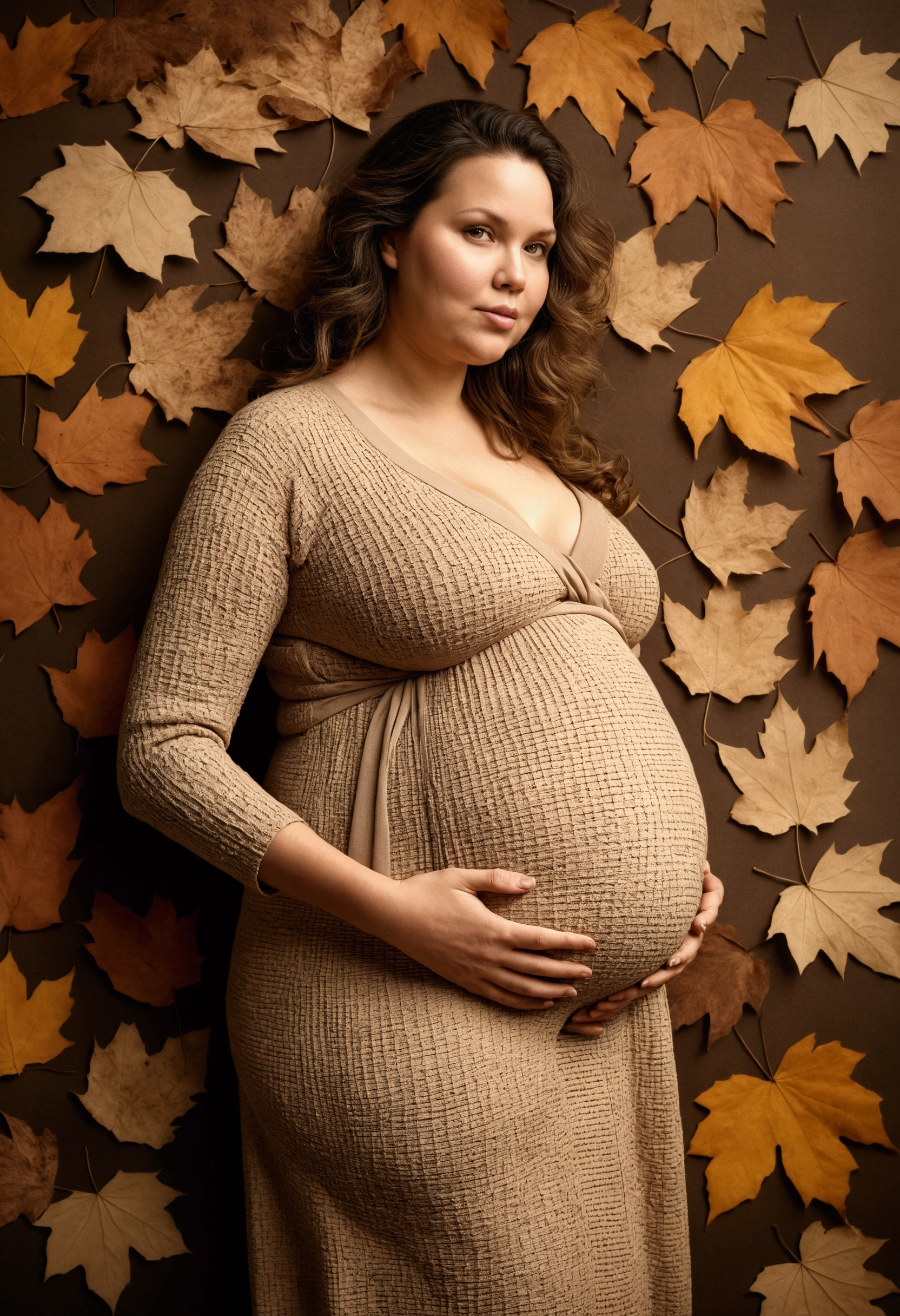 huge pregnant woman, Autumn,Dark beige and beige style, Grid-based, highly textured, soft, photo taken with provia, Folk/naïve