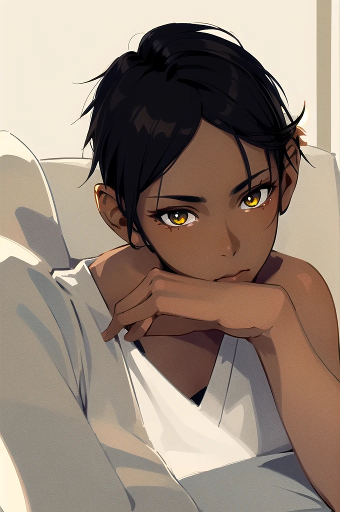 solo, best quality, masterpiece, extremely detailed CG, extremely detailed 8K wallpaper, extremely detailed character, (an extremely delicate and beautiful portrait), portrait, solo, sharp focus, dark skinned tomboy girl with (((sides shaved))) head, black hair, yellow eyes, detailed close-up portrait, head rest pose