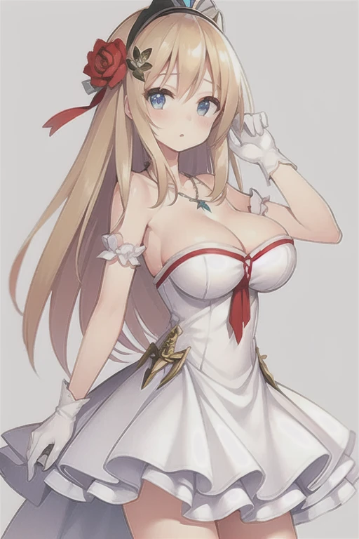 Saratoga (warship girls r),((Masterpiece)),(((Best quality))),((Ultra-detailed)),((illustration)),((Disheveled hair)),((frilld)),(1 girl),(Solo),alternative costume,Blonde hair,Blue eyes,Blush,Breasts,Bugs,Butterfly,cleavage,Clothing,crown,dress,False wings,Female,flower,frill dress,frilld,full bodyesbian,mitts,Headwear,insect,jewelry,Large breasts,Long hair,necklace,Red flower,Red rose,Rose,Short dress,Solo,No shoulder strap,Strapless dress,head gear,White dress,White gloves,rating:safe,