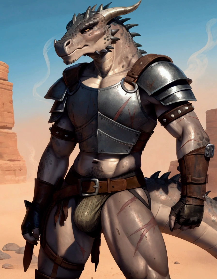 Solo Sexy anthro scalie dragon male mercenary medieval solider, slim endomorph muscular handsone model male apperance, sword scars, worn out rusty skimpy armament, low on hips heavy leather belt, old very worn out skimpy dirty linen material jockstrap, old yellow dirty worn out stains on white jockstrap, erection of dick under jockstrap, cum cumshoot drops from tip of jocstrap, studded skimpy armlets breastplate armor, skimpy breastplate, leather bondages, fingerless leather gloves, smelly unwashed husk, dirty body look, desert battlefield, standing in sexy fighting position, close view of full character