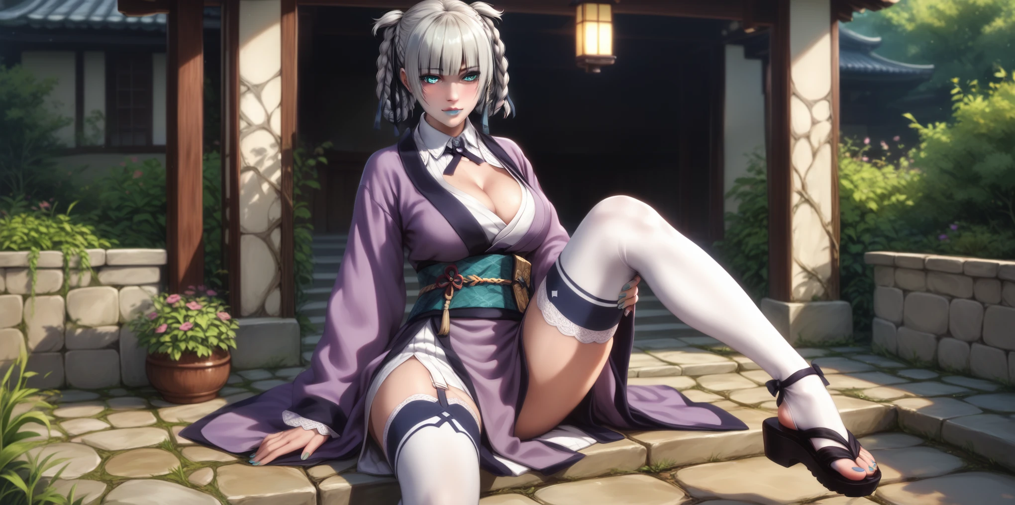 (PersonalAmi art style:0.7), (hero neisan art style:0.7), score_9, score_8_up, score_7_up, score_6_up, uncensored, Kirari, braid, makeup, twin braids, blunt bangs, aqua nails, aqua eyes, blue lips, hair ribbon, grey hair, nail polish, BREAK (masterpiece:1.2), best quality, high resolution, (detailed eyes:1.3), perfect lighting, (perfect hands, perfect anatomy), large breasts, 1girl, breasts, thighhighs, solo, japanese clothes, sitting, looking at viewer, white thighhighs, cleavage, obi, sash, kimono, outdoors, sandals, long sleeves, knee up, purple kimono, thighs, shaded face, garden,