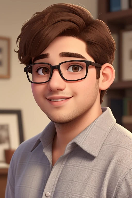 A man of 24 years old, with short brown hair, fat face but cute, and brown eyes, wearing a glasses.