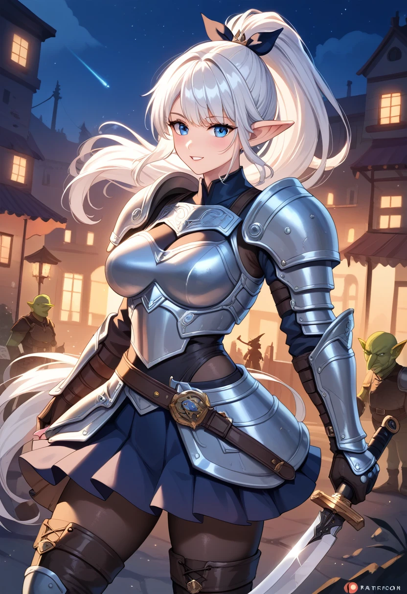 （masterpiece：1.2，high quality）， One girl， （（Ultra-Realistic Details））， Global Illumination， shadowing， Dynamic Lighting， Metal，， Decorations detailed， Very intricate details， （Mechanical body：1.2）， White Hair，High Ponytail， gear， Apocalyptic，Huge ，Blue and white armor，Skirt Armor,Meteors,night,Big knife,Goblin Defeat
