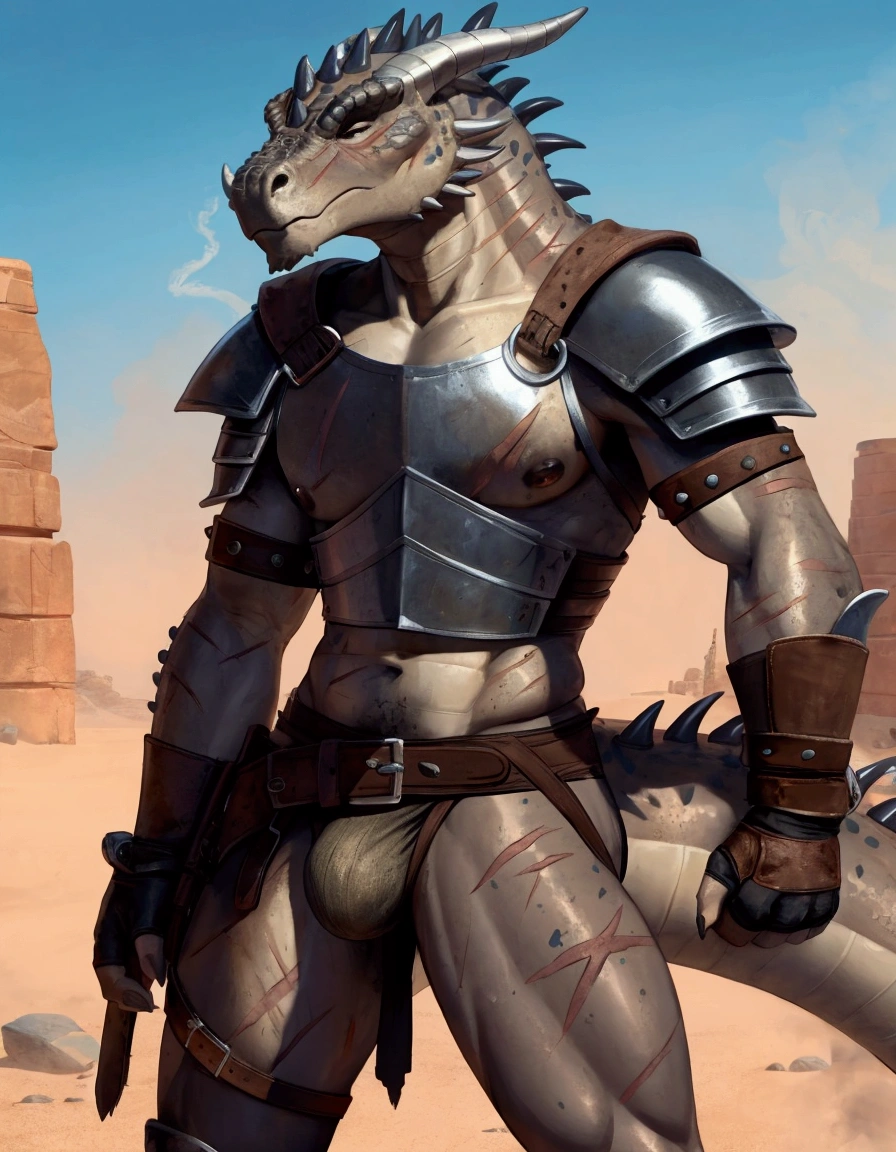 Solo Sexy anthro scalie dragon male mercenary medieval solider, slim endomorph muscular handsone model male apperance, sword scars, worn out rusty skimpy armament, low on hips heavy leather belt, old very worn out skimpy dirty linen material jockstrap, old yellow dirty worn out stains on white jockstrap, erection of dick under jockstrap, cum cumshoot drops from tip of jocstrap,  studded skimpy armlets breastplate armor, skimpy breastplate, leather bondages, fingerless leather gloves, smelly unwashed husk, dirty body look, desert battlefield, standing in sexy fighting position, close view of full character