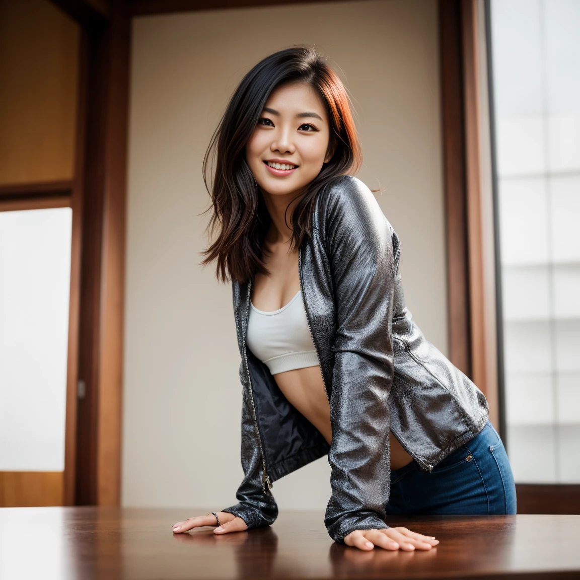 A VERY BEAUTIFUL WOMAN,leaning on a table and looking at camera, 1/2 body, front view, wearing jacket and thirties underneath, HIGH DEFINITION, A BEAUTIFUL CHEERFUL ASIAN WOMAN WITH ASIAN FEATURES, 20 TO 25 YEARS OLD, SHINY LIGHT DARK HAIR, HYPER REALISTIC

