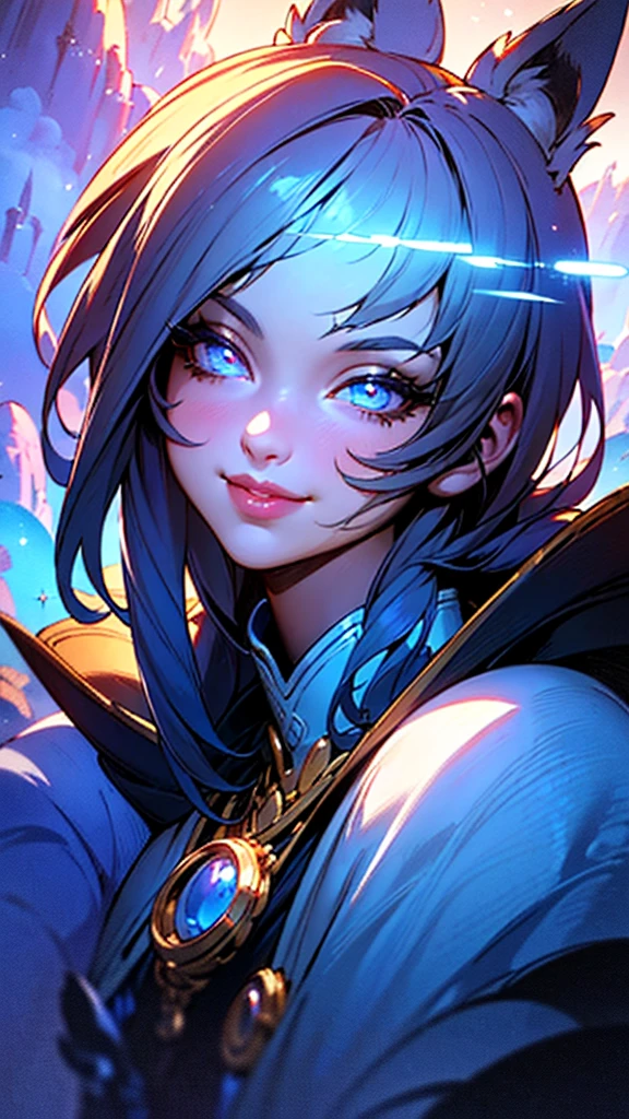 ((best quality),(masterpiece:1.2),(detailed:1.1),foxgirl,fantasy,magical,dnd,smirk,beautiful detailed eyes,beautiful detailed lips,extremely detailed face,long eyelashes,intricate fantasy outfit,fantasy landscape background,glowing magical effects,vibrant colors,dramatic lighting,cinematic composition)