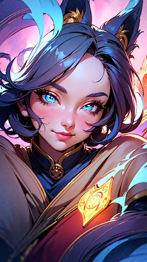 ((best quality),(masterpiece:1.2),(detailed:1.1),foxgirl,fantasy,magical,dnd,smirk,beautiful detailed eyes,beautiful detailed lips,extremely detailed face,long eyelashes,intricate fantasy outfit,fantasy landscape background,glowing magical effects,vibrant colors,dramatic lighting,cinematic composition)