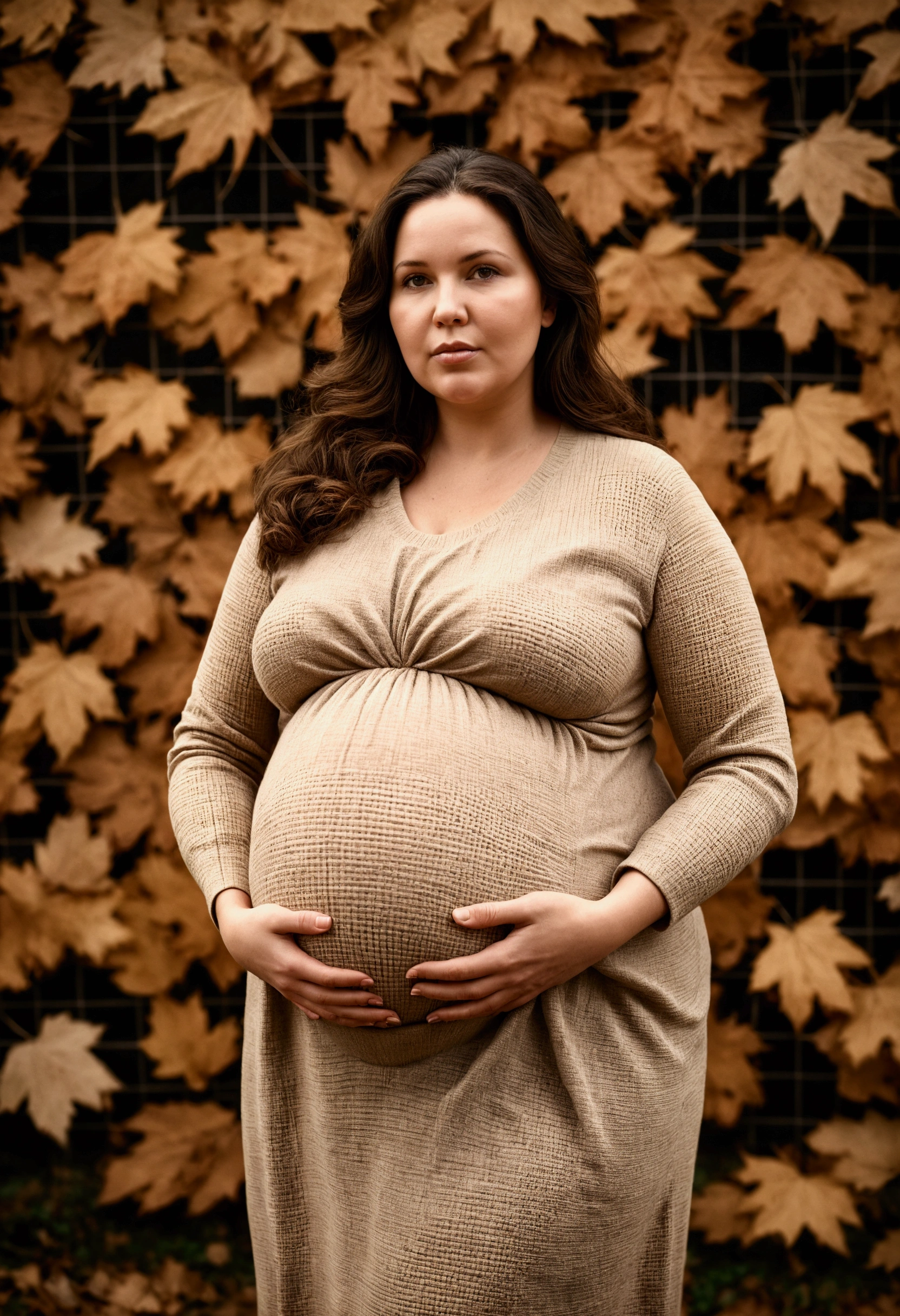 huge pregnant woman, Autumn,Dark beige and beige style, Grid-based, highly textured, soft, photo taken with provia, Folk/naïve