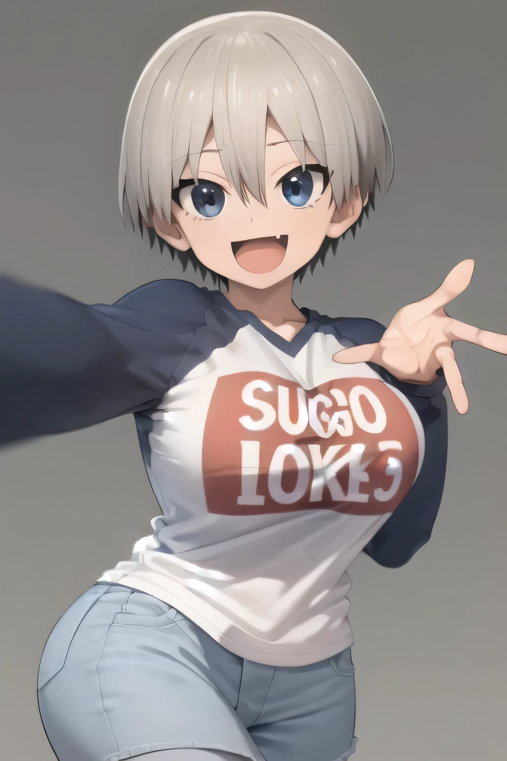 masterpiece, best quality, 1girl, uzaki hana, grey hair,  short hair, hair between eyes, bangs, blue eyes, skin fang, black pantyhose, boots, (bracelet:0.7), clothes writing, denim skirt, large breasts, long sleeves, open mouth, raglan sleeves, romaji text,
smile, solo, upper body, reaching out, looking at viewer, simple background , massive breasts 