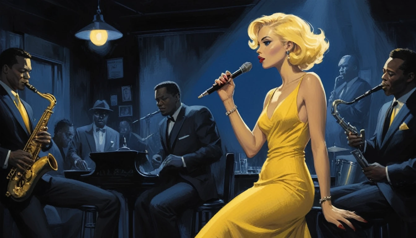alabama bar, blue note, charismatic, baterist, guitarist, saxophonist, jazz band, yellow dress, illustration, noir fantasy, singer blonde lady,