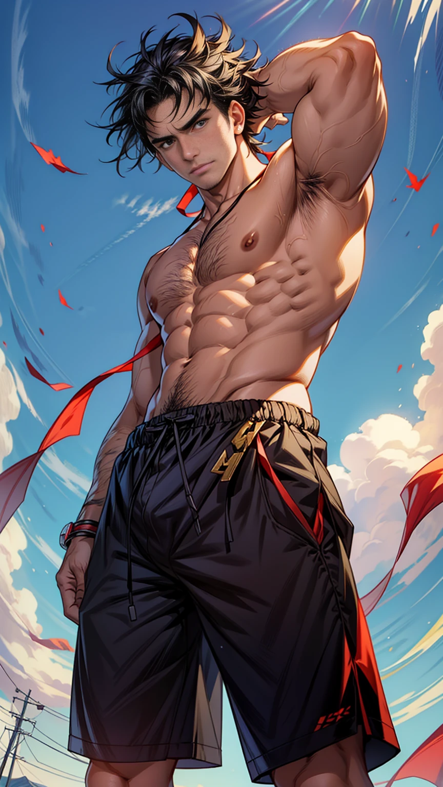 一个male运动员,Wearing shorts,He is very muscular,Shot from below,Abstract Background,Lift up half of the pants,Short shorts,Half shorts,Thick body hair, Dark black hair, Hair blowing in the wind, 短发 with bangs that fall over the forehead and on both sides of the face, male, Handsome,Extremely detailed, ((22-year-old young man)), No beard